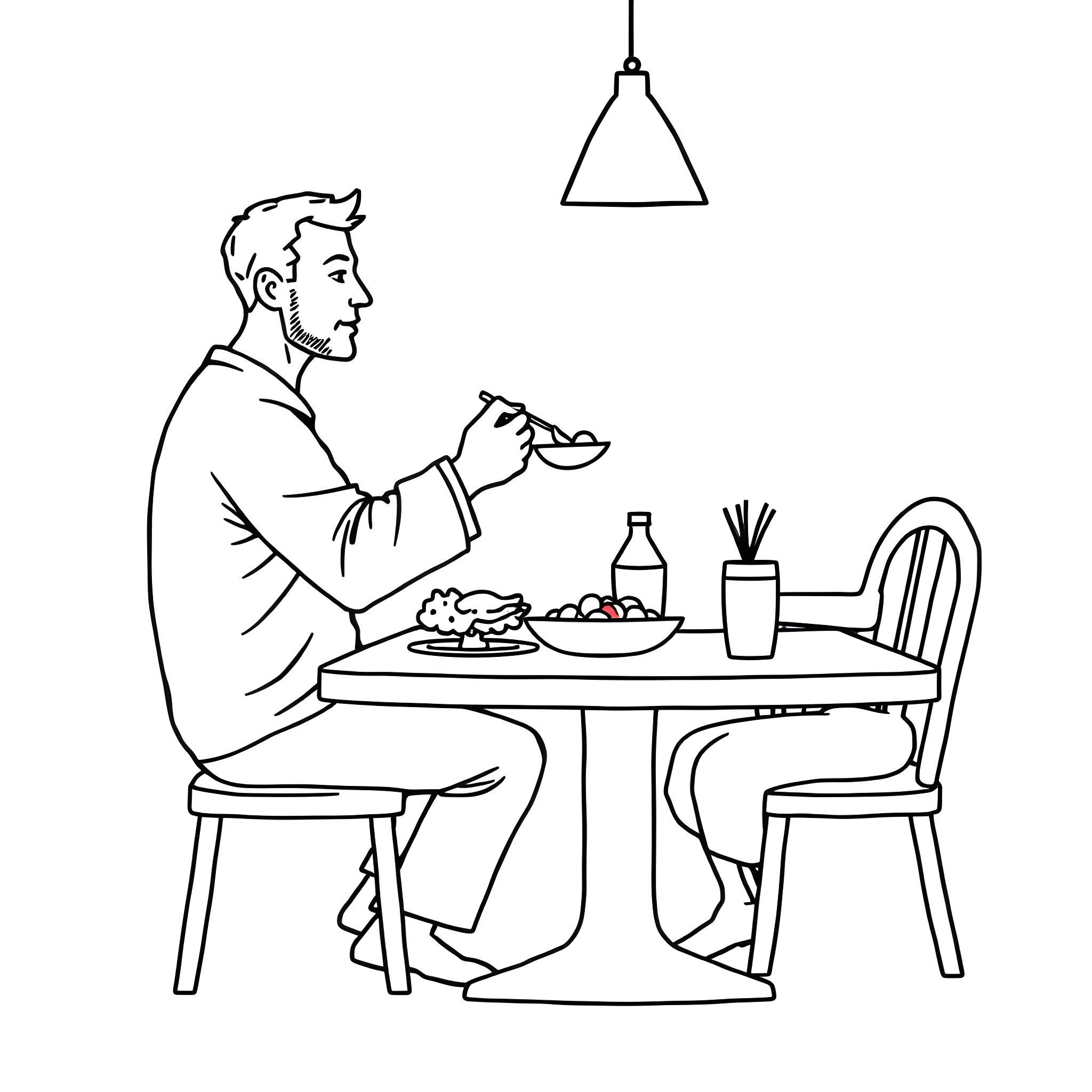 Feedee enjoying a meal at the table Coloring Page (free black-and-white line drawing printable PDF for all, from beginners to advanced learners, including children, teens, adults, and seniors)