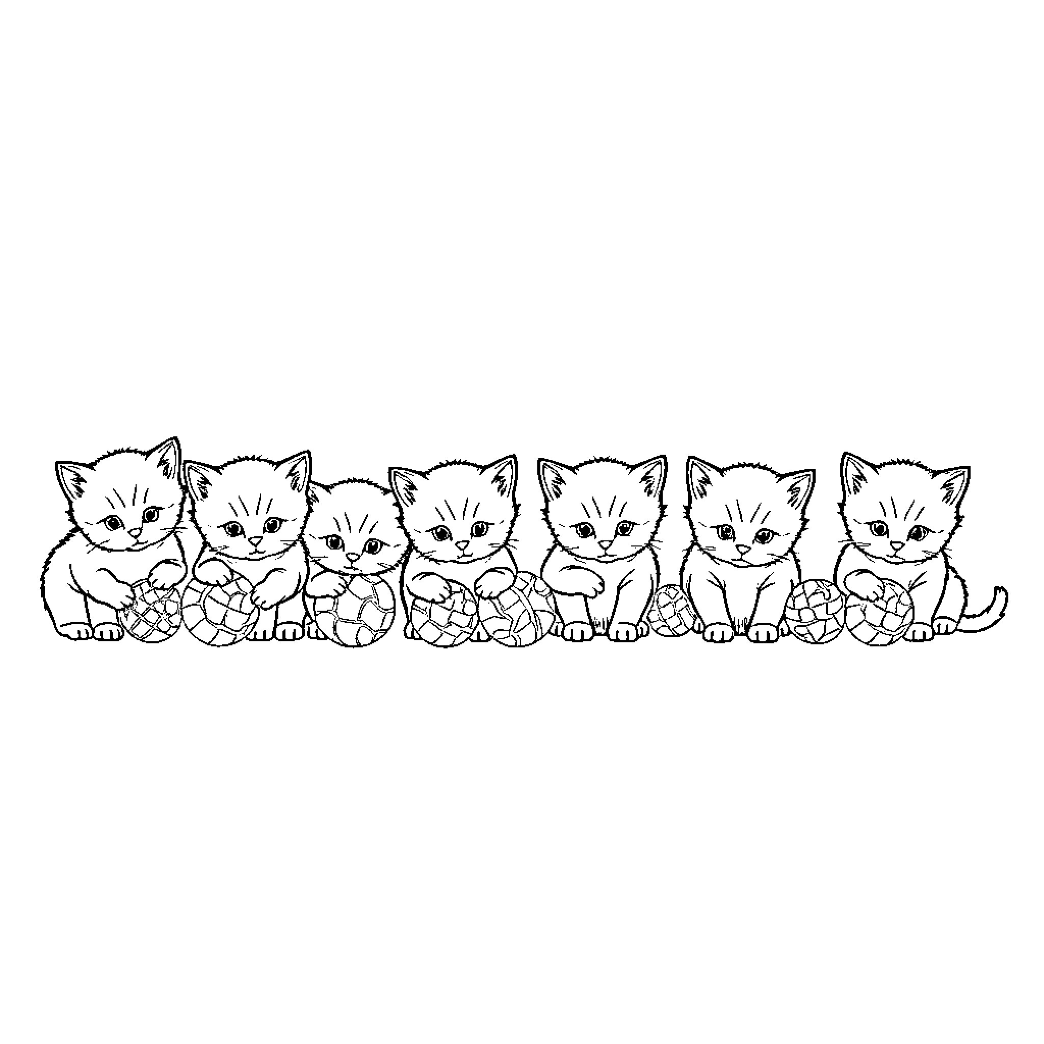 Kittens sitting together in a group Coloring Page (free black-and-white line drawing printable PDF for all, from beginners to advanced learners, including children, teens, adults, and seniors)