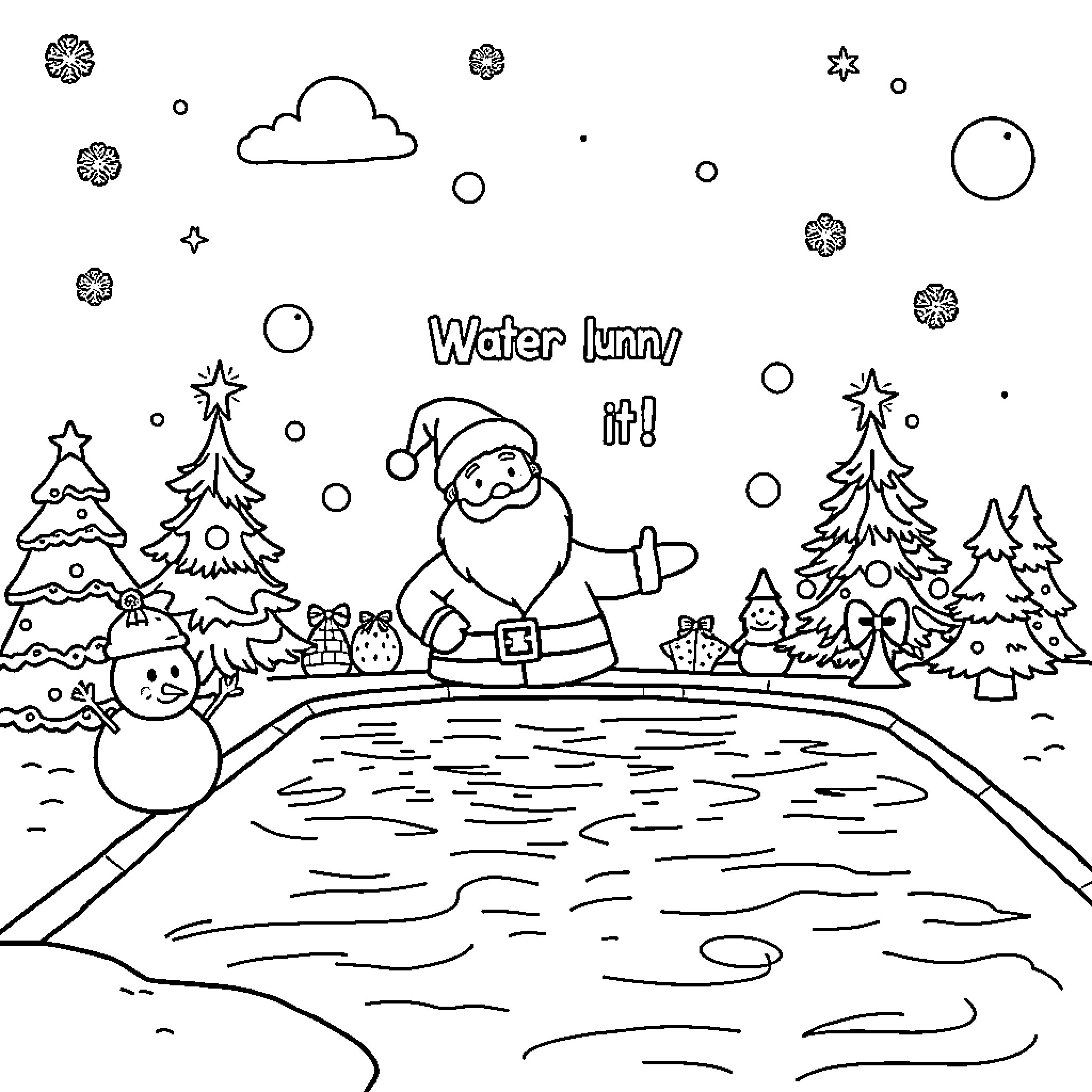 Swimming Pool Fun in the Winter Wonderland Coloring Page (free black-and-white line drawing printable PDF for all, from beginners to advanced learners, including children, teens, adults, and seniors)