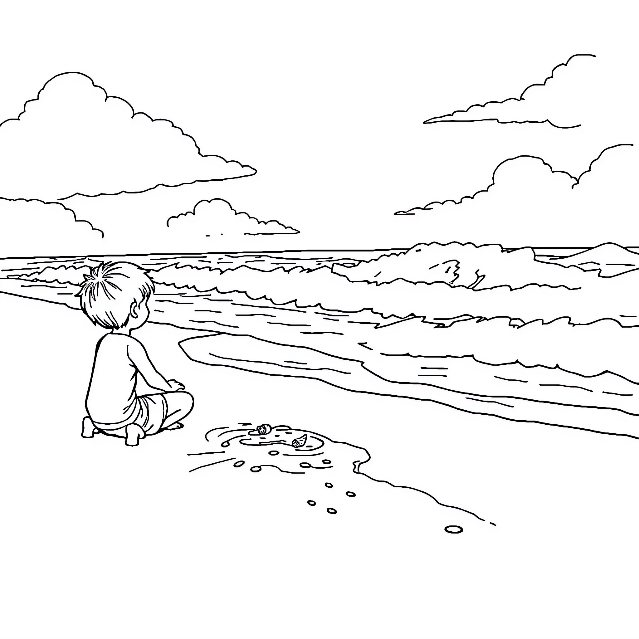 Fille playing alone on the beach Coloring Page (free black-and-white line drawing printable PDF for all, from beginners to advanced learners, including children, teens, adults, and seniors)