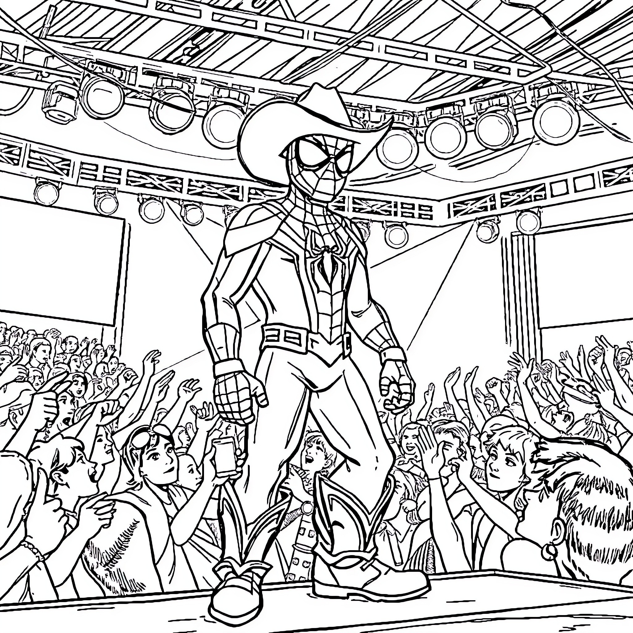Spiderman performing on stage before cheering crowd Coloring Page (free black-and-white line drawing printable PDF for all, from beginners to advanced learners, including children, teens, adults, and seniors)