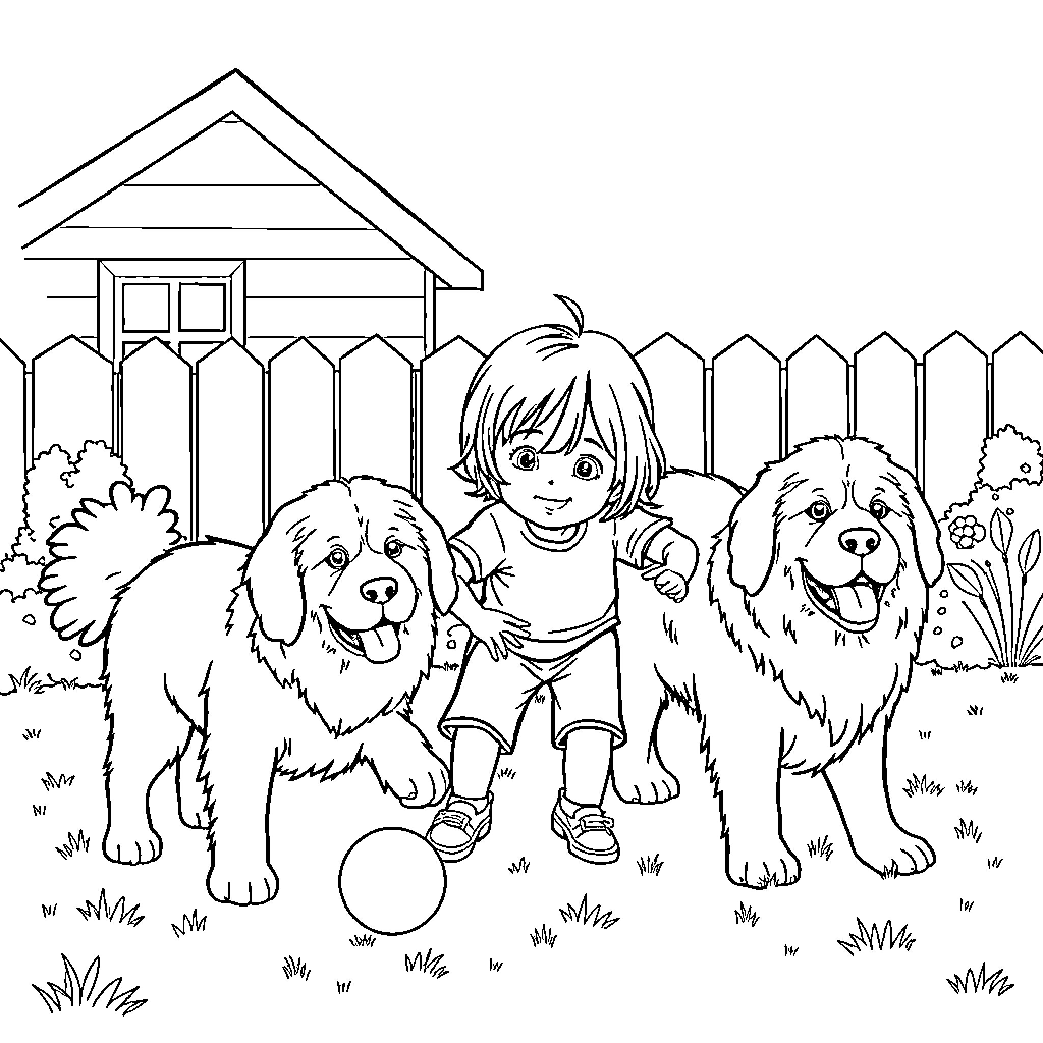 Child playing happily with dogs in the backyard Coloring Page (free black-and-white line drawing printable PDF for all, from beginners to advanced learners, including children, teens, adults, and seniors)