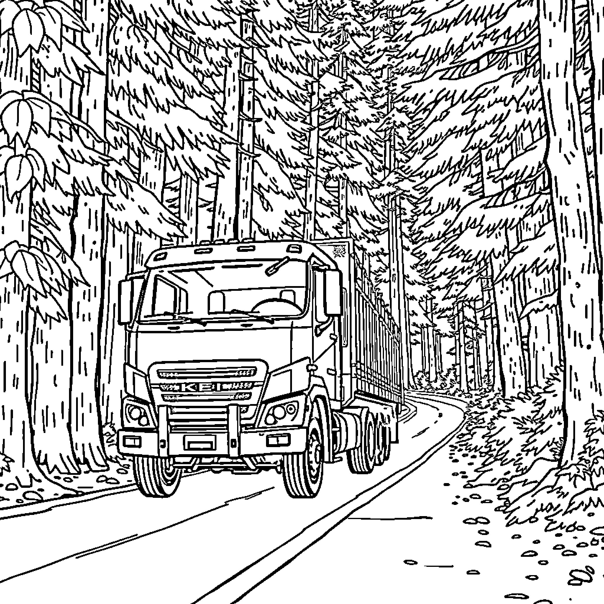 Kei Truck Transporting Goods Through Forested Road Coloring Page (free black-and-white line drawing printable PDF for all, from beginners to advanced learners, including children, teens, adults, and seniors)