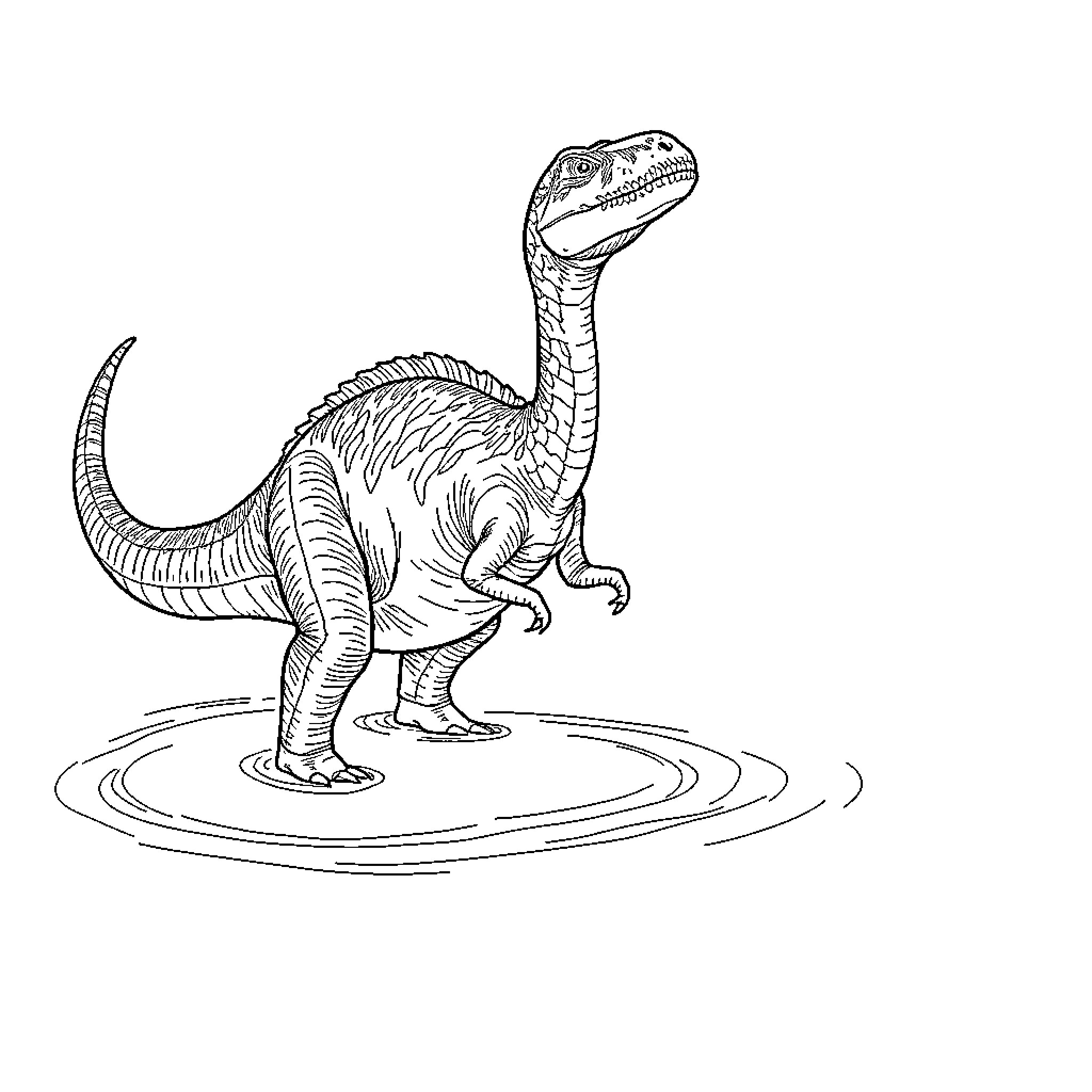 Spinosaurus in Contemplation Coloring Page (free black-and-white line drawing printable PDF for all, from beginners to advanced learners, including children, teens, adults, and seniors)