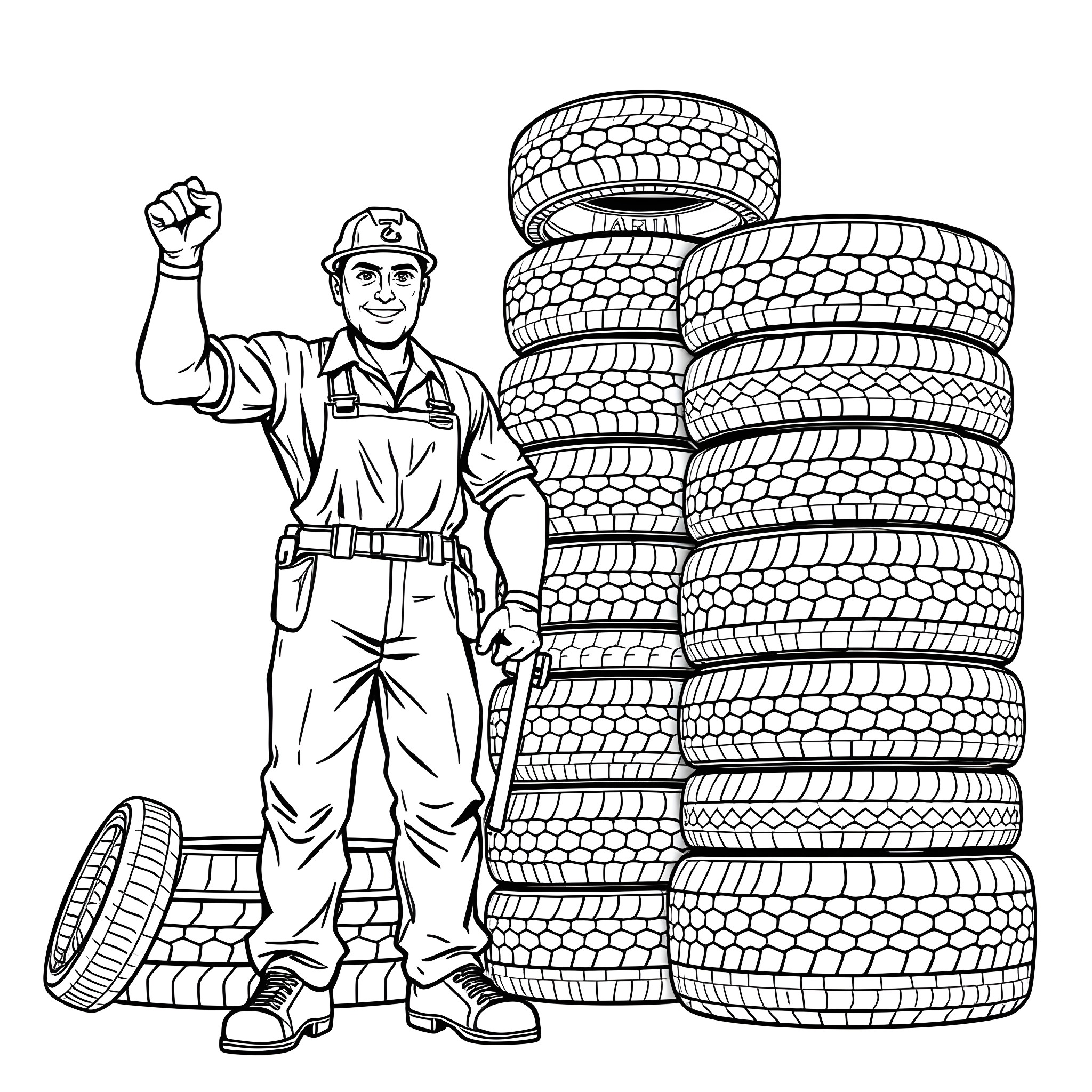 Tyre Fitter inspecting and maintaining tyres Coloring Page (free black-and-white line drawing printable PDF for all, from beginners to advanced learners, including children, teens, adults, and seniors)