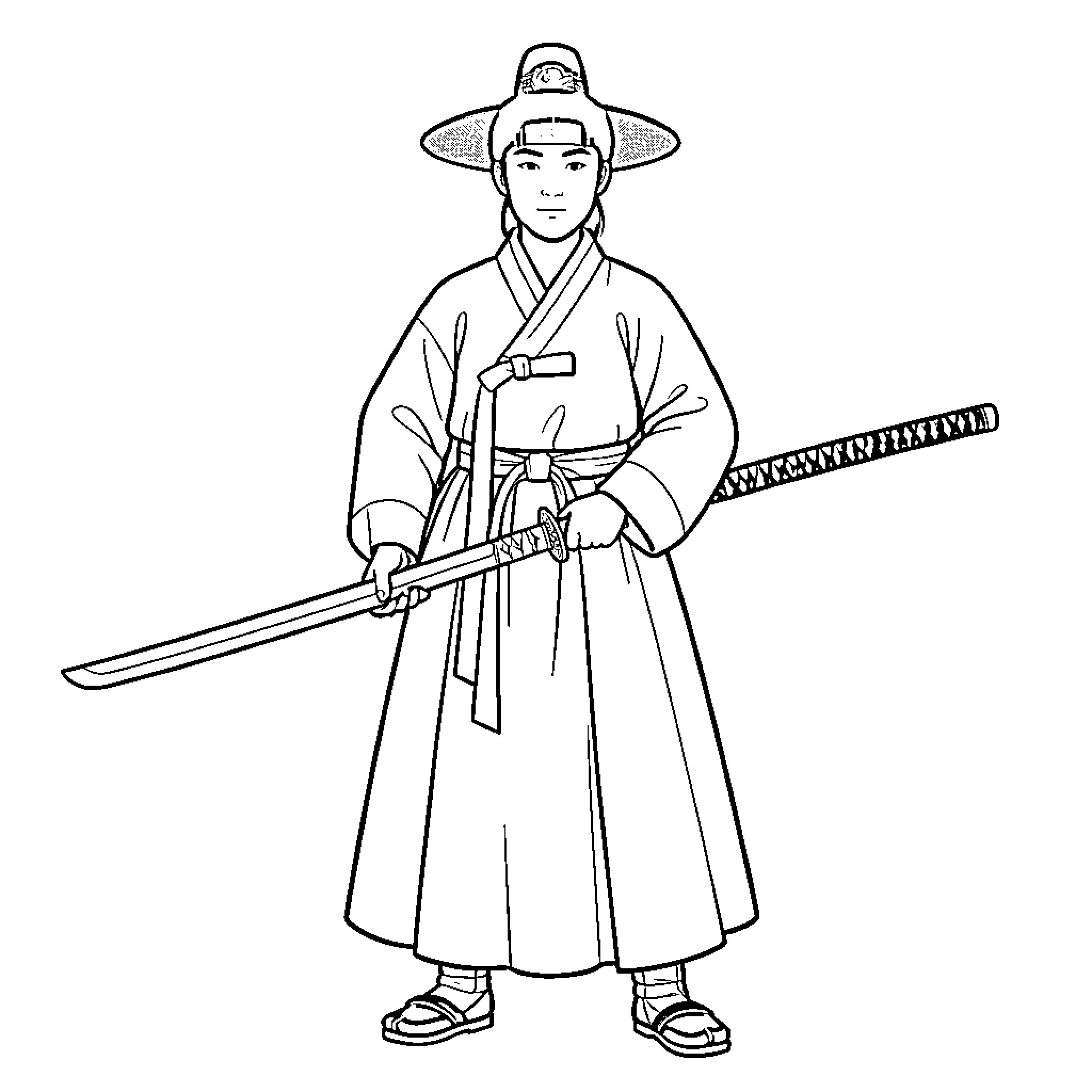 Swordsman standing calmly while holding a long blade Coloring Page (free black-and-white line drawing printable PDF for all, from beginners to advanced learners, including children, teens, adults, and seniors)