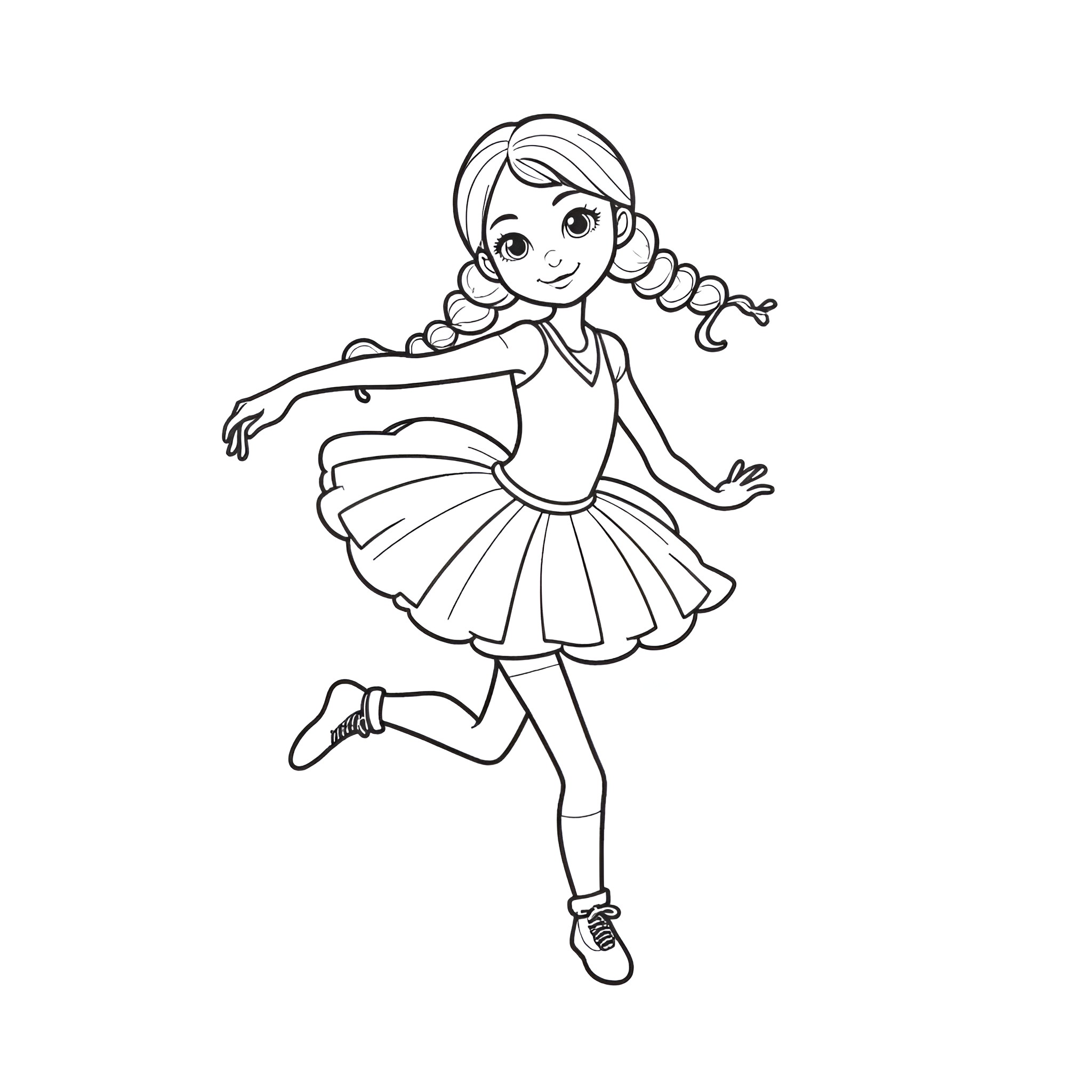 Girl dancing joyfully in her dress Coloring Page (free black-and-white line drawing printable PDF for all, from beginners to advanced learners, including children, teens, adults, and seniors)