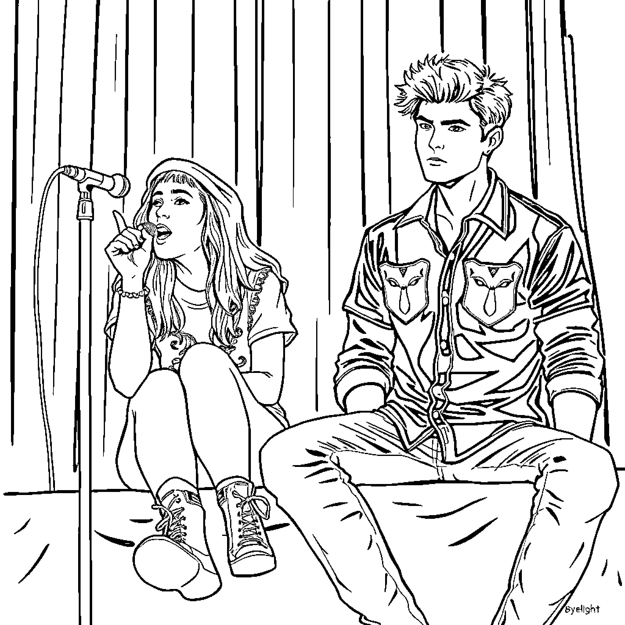 Billie Eilish and companion performing on stage Coloring Page (free black-and-white line drawing printable PDF for all, from beginners to advanced learners, including children, teens, adults, and seniors)