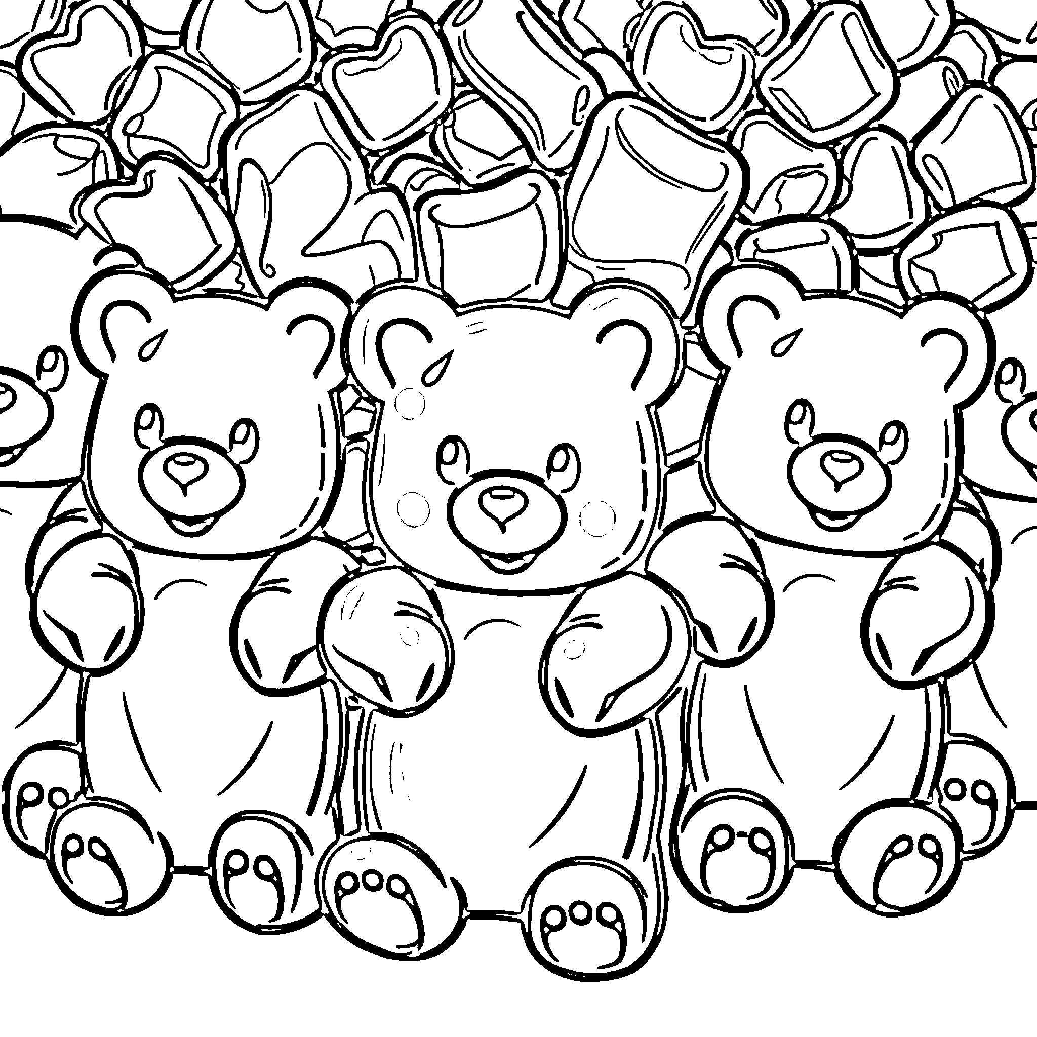 Gummy Bears plushies gathered together Coloring Page (free black-and-white line drawing printable PDF for all, from beginners to advanced learners, including children, teens, adults, and seniors)