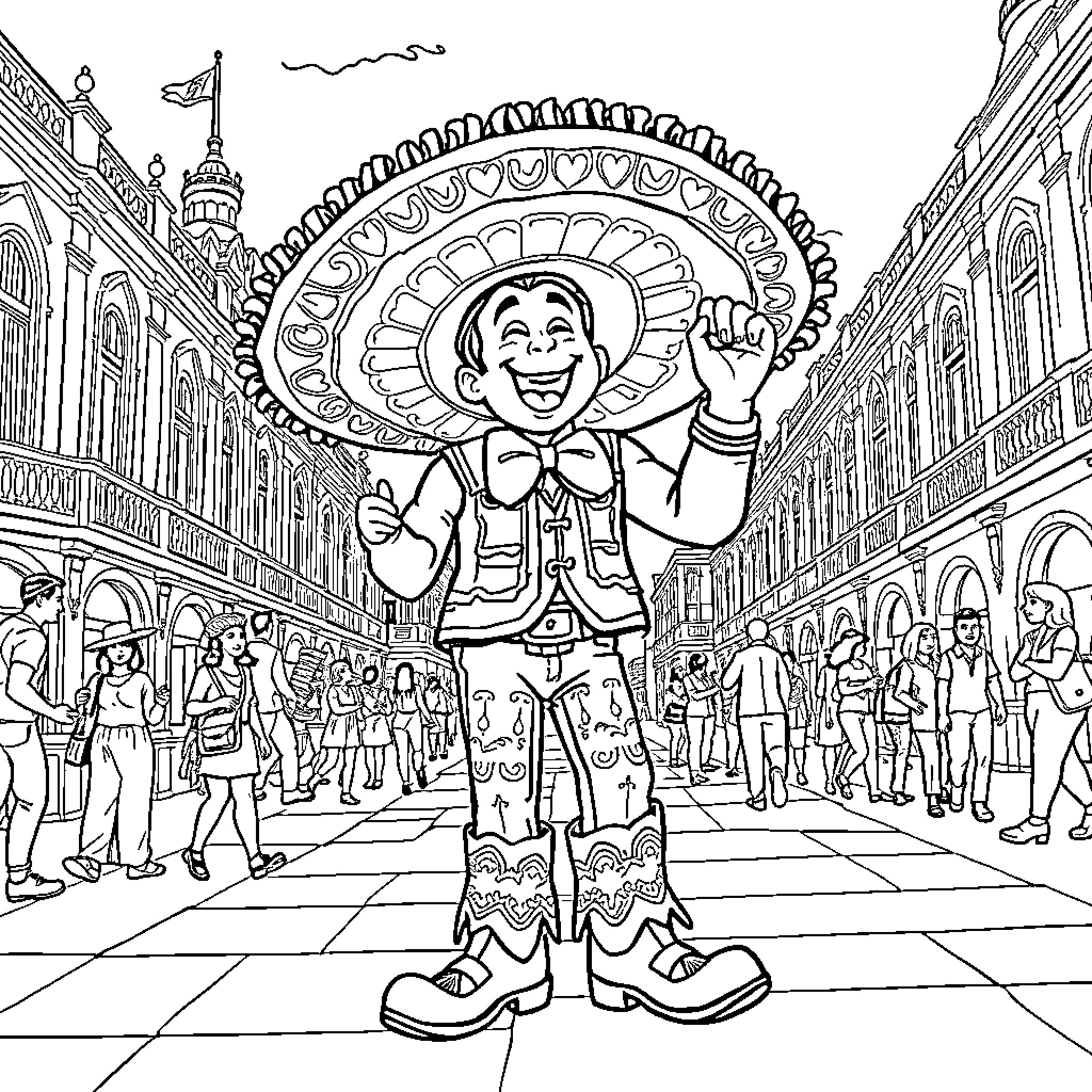 Tralalero Festive Carnival Celebration Coloring Page (free black-and-white line drawing printable PDF for all, from beginners to advanced learners, including children, teens, adults, and seniors)