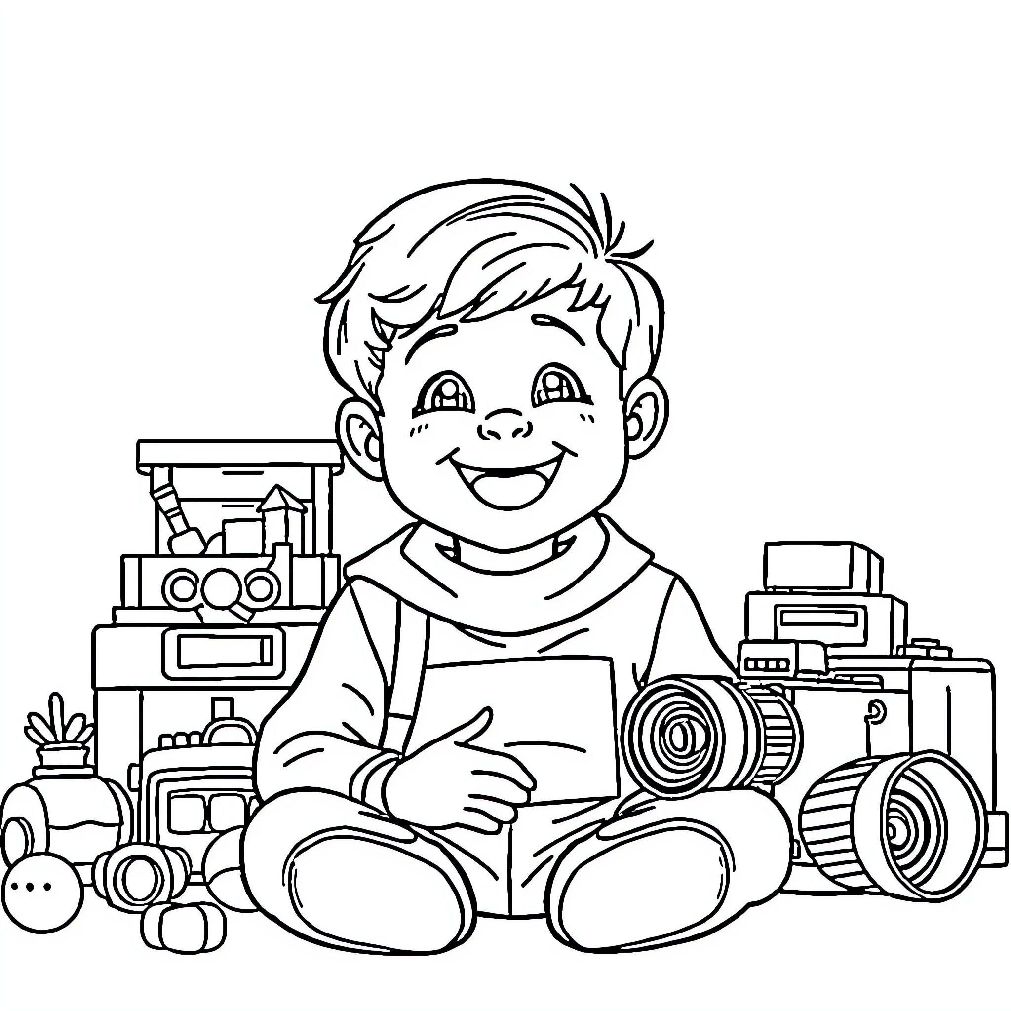 Youtuber child playing with toys and camera Coloring Page (free black-and-white line drawing printable PDF for all, from beginners to advanced learners, including children, teens, adults, and seniors)