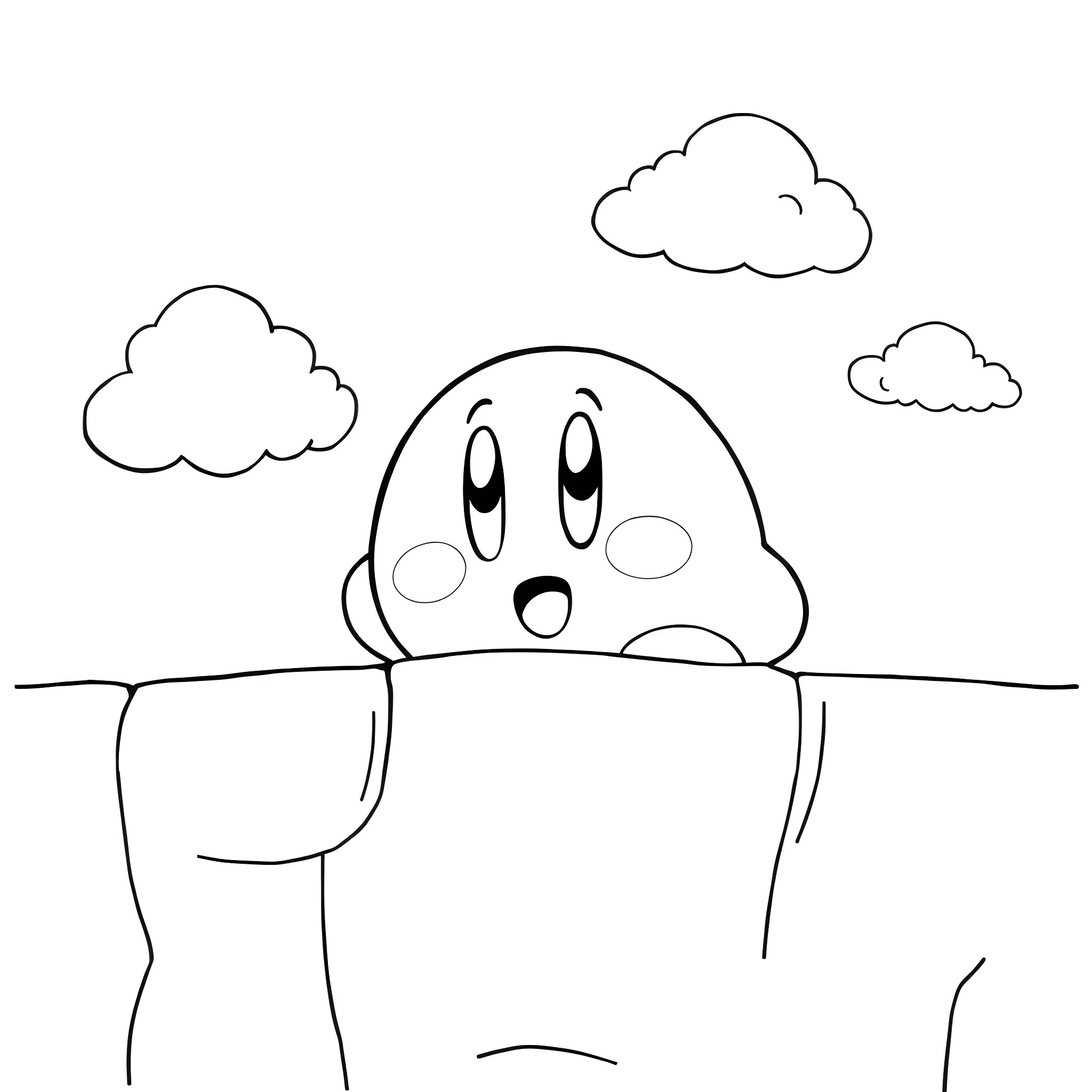 Kirby peeking out curiously in the sky Coloring Page (free black-and-white line drawing printable PDF for all, from beginners to advanced learners, including children, teens, adults, and seniors)
