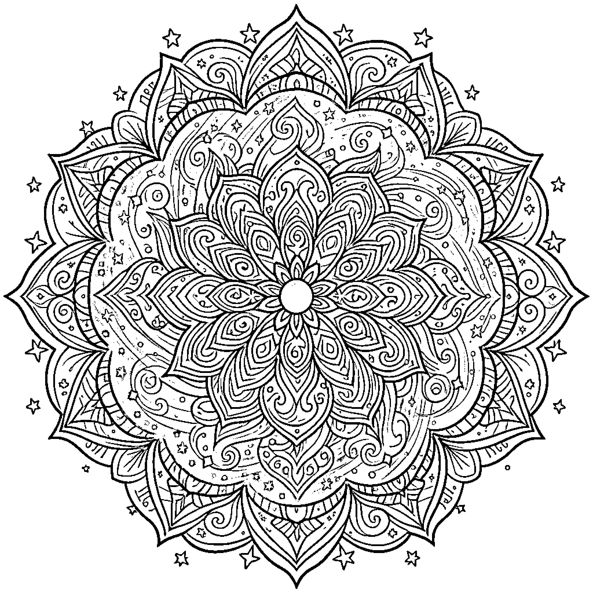 Mandala of Intricate Floral Patterns and Celestial Elements Coloring Page (free black-and-white line drawing printable PDF for all, from beginners to advanced learners, including children, teens, adults, and seniors)