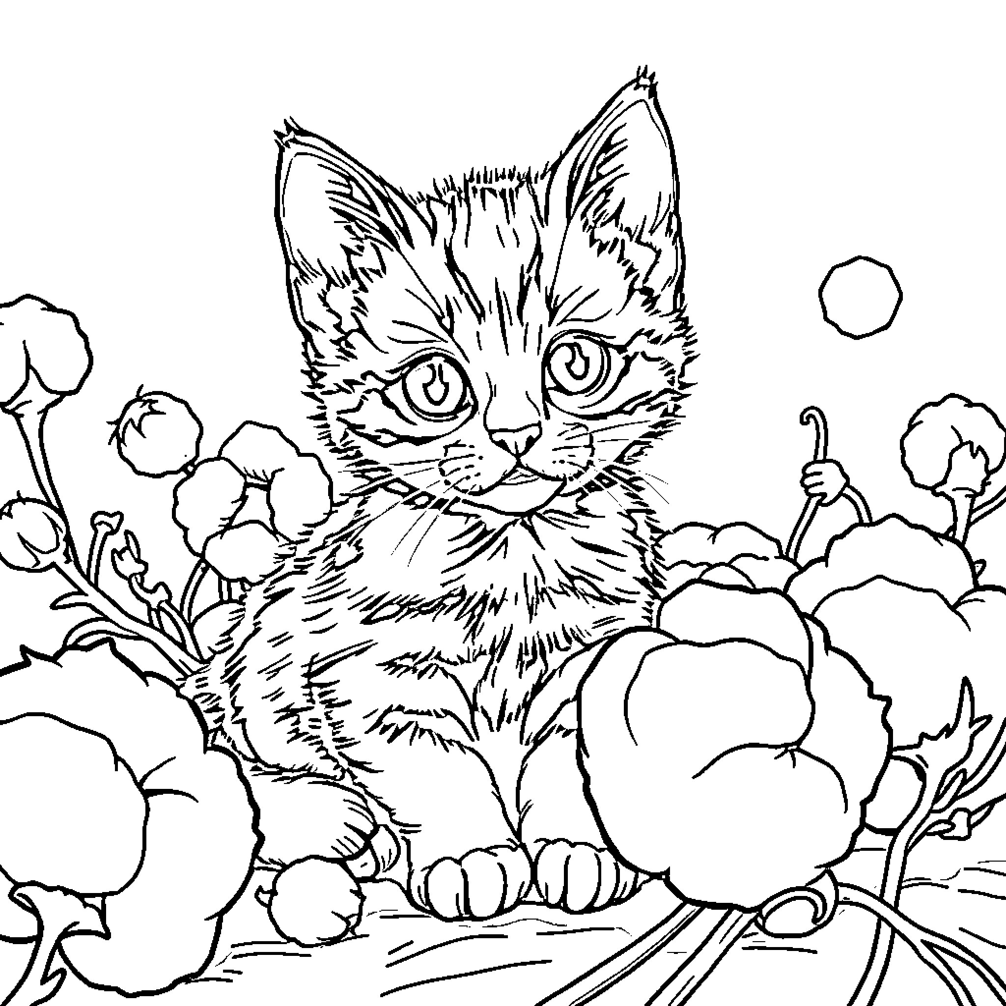 Kitten exploring cozy floral landscape Coloring Page (free black-and-white line drawing printable PDF for all, from beginners to advanced learners, including children, teens, adults, and seniors)