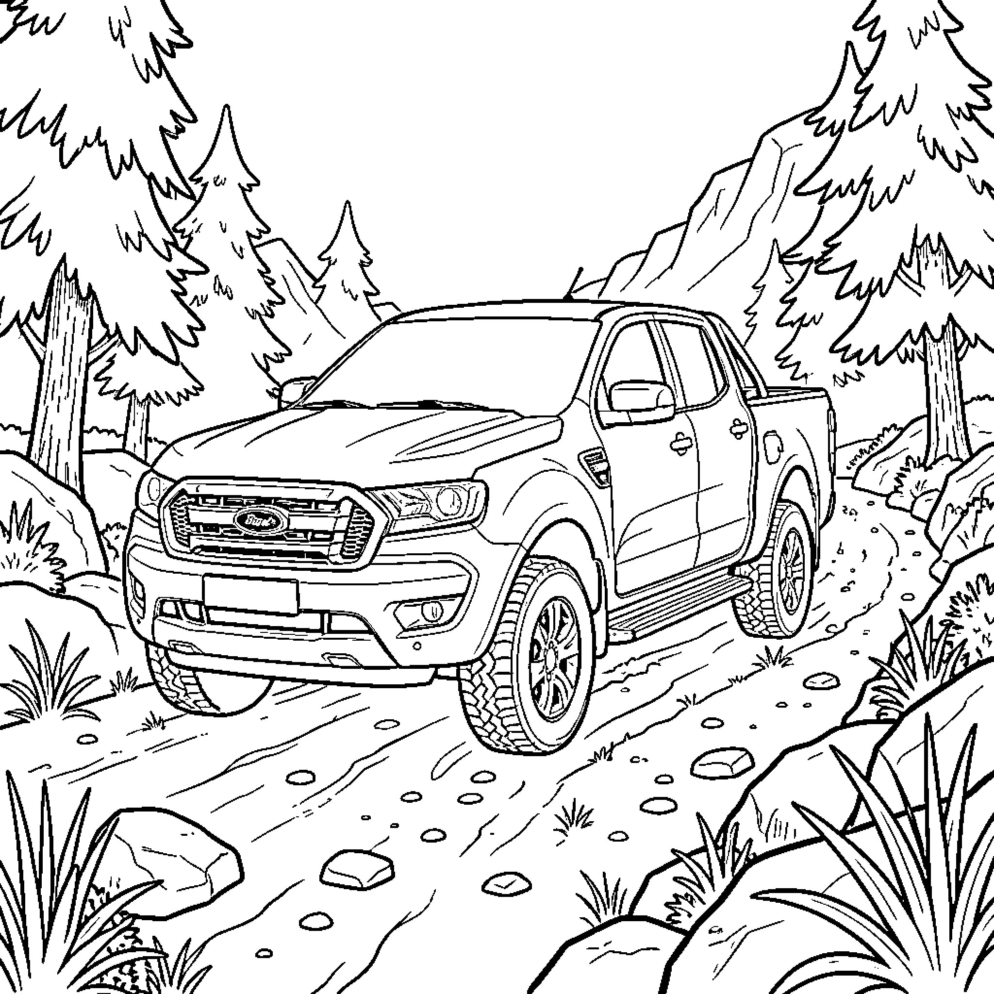 Ford Ranger driving through a forest path Coloring Page (free black-and-white line drawing printable PDF for all, from beginners to advanced learners, including children, teens, adults, and seniors)