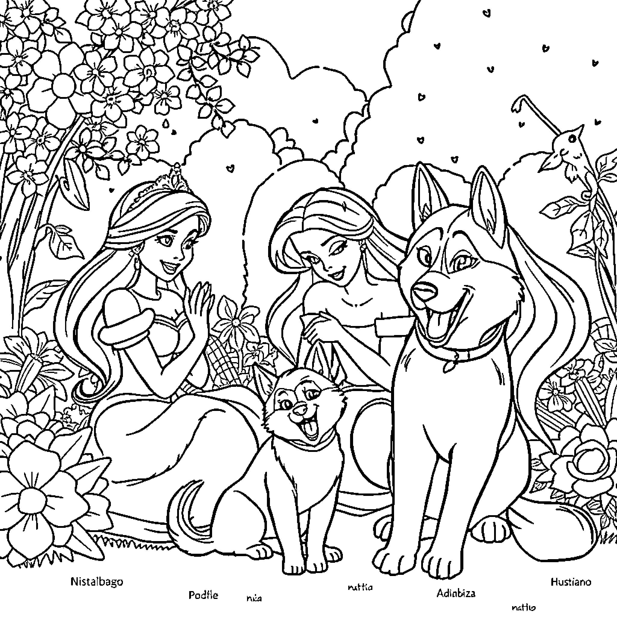 Disney Princess Surrounded by Magical Animal Friends Coloring Page (free black-and-white line drawing printable PDF for all, from beginners to advanced learners, including children, teens, adults, and seniors)