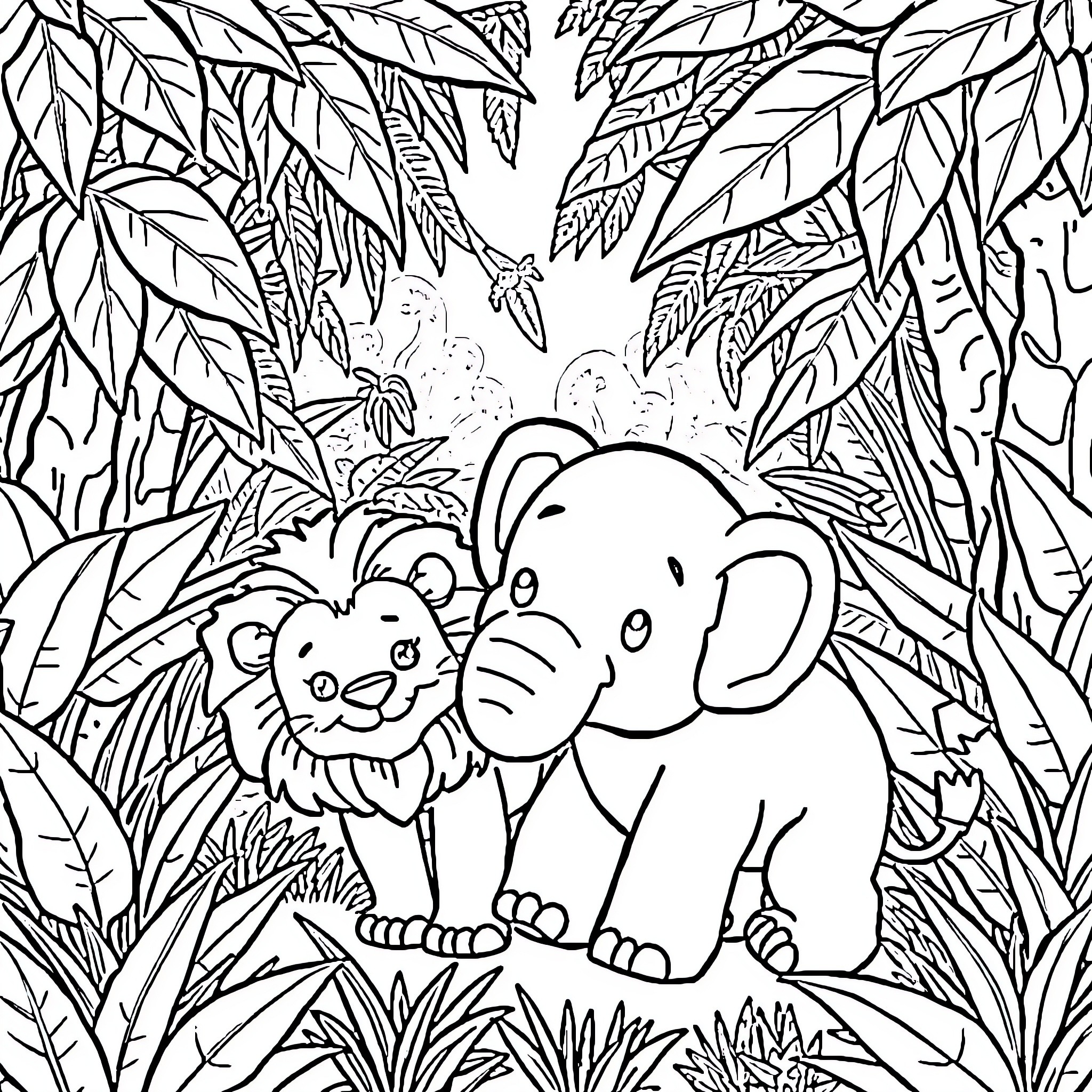 Lion and Elephant in Jungle Foliage Coloring Page (free black-and-white line drawing printable PDF for all, from beginners to advanced learners, including children, teens, adults, and seniors)