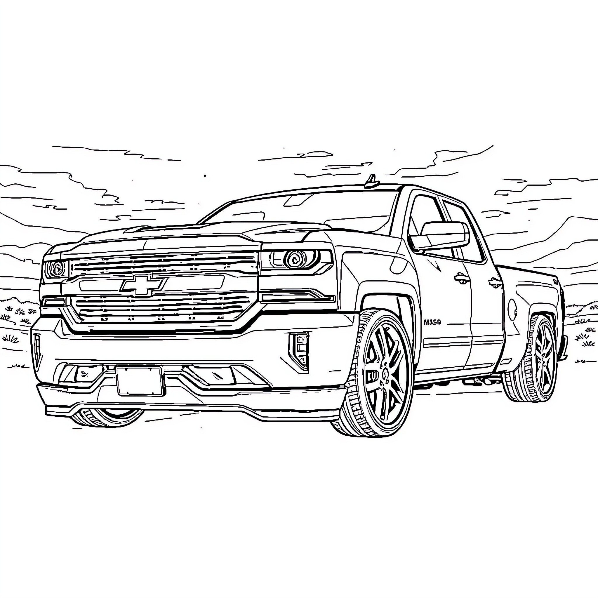 Silverado Truck in Rugged Outdoor Scene Coloring Page (free black-and-white line drawing printable PDF for all, from beginners to advanced learners, including children, teens, adults, and seniors)