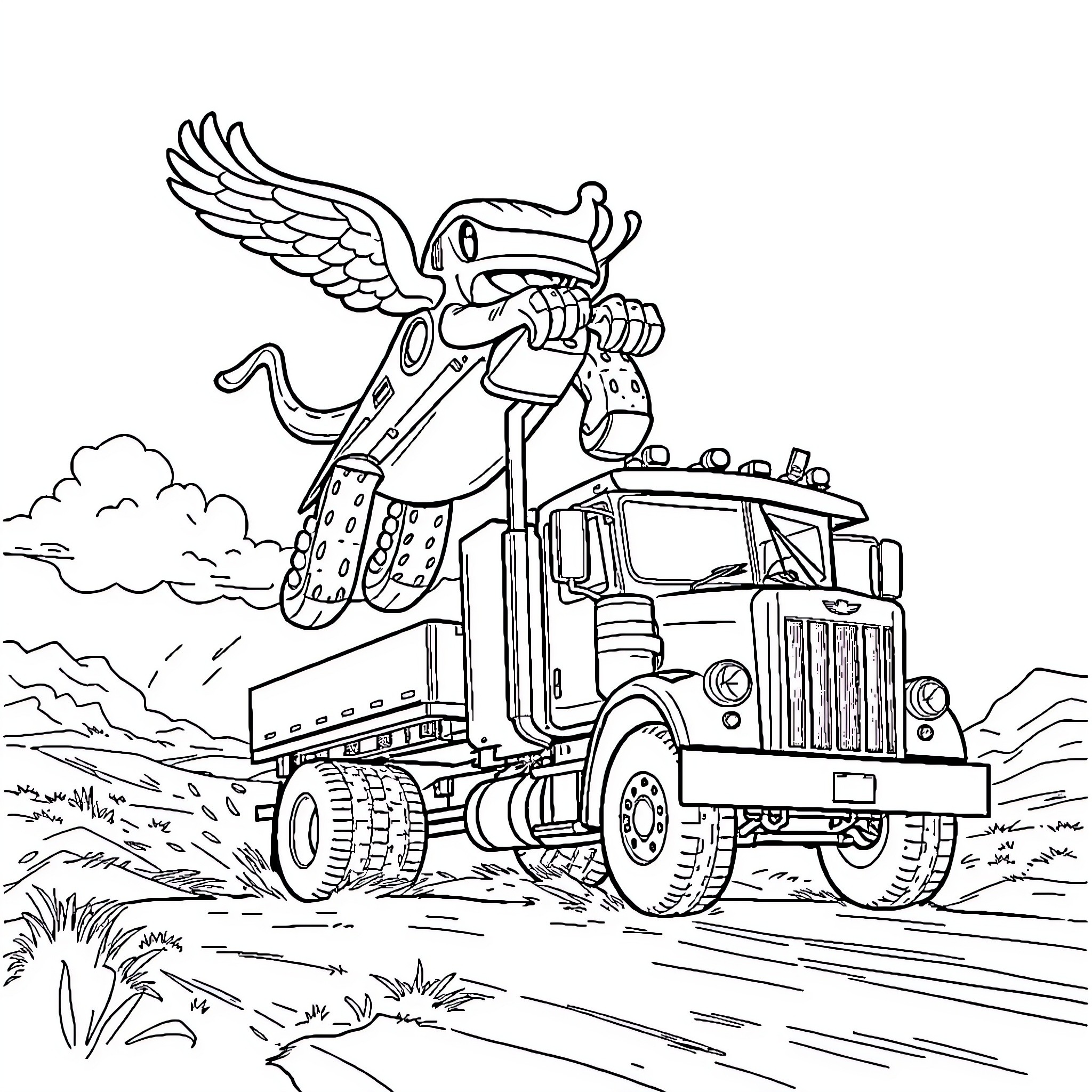 K.I.T.T. Monstrous Truck Soaring Through the Landscape Coloring Page (free black-and-white line drawing printable PDF for all, from beginners to advanced learners, including children, teens, adults, and seniors)