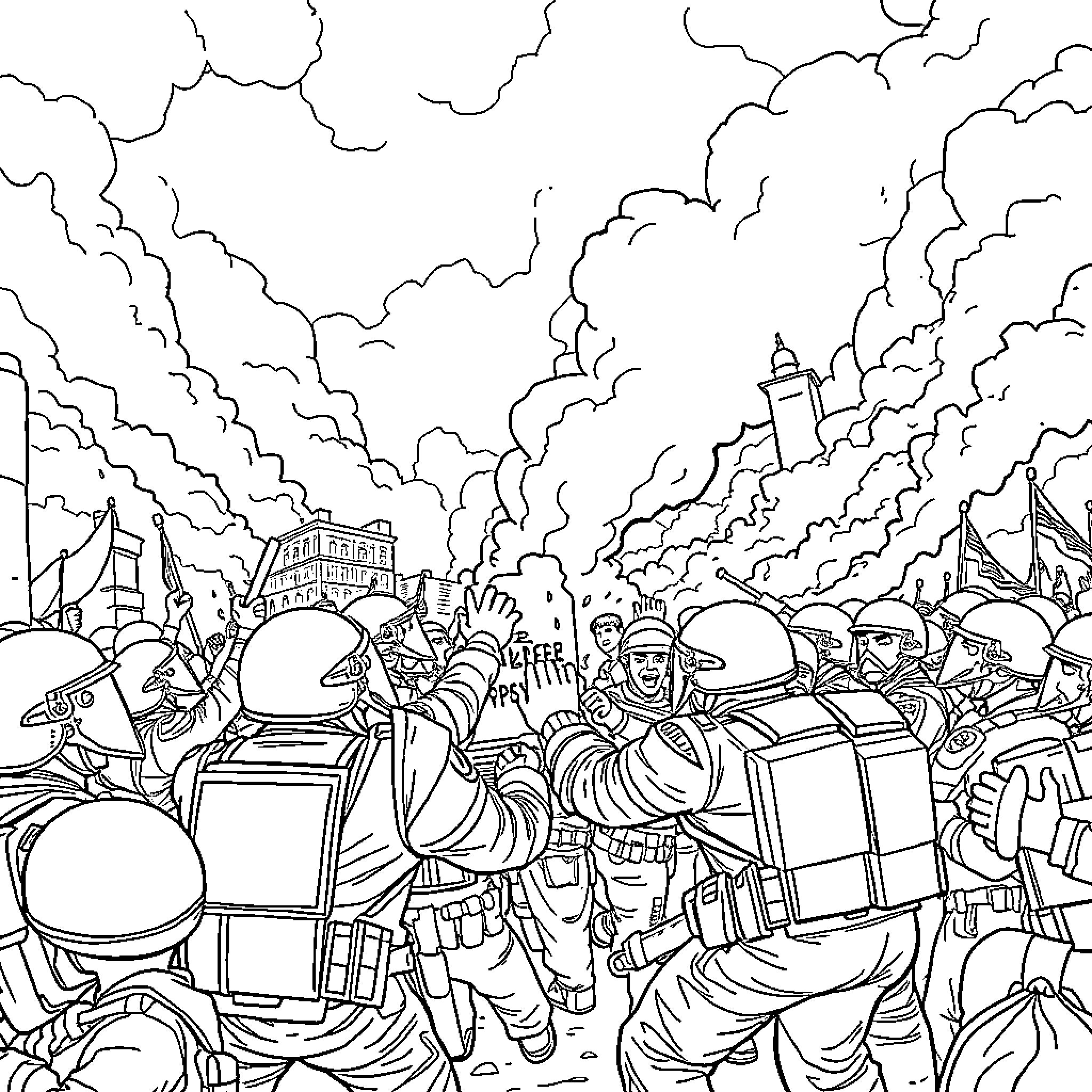 Protester rally with diverse crowd and cityscape Coloring Page (free black-and-white line drawing printable PDF for all, from beginners to advanced learners, including children, teens, adults, and seniors)