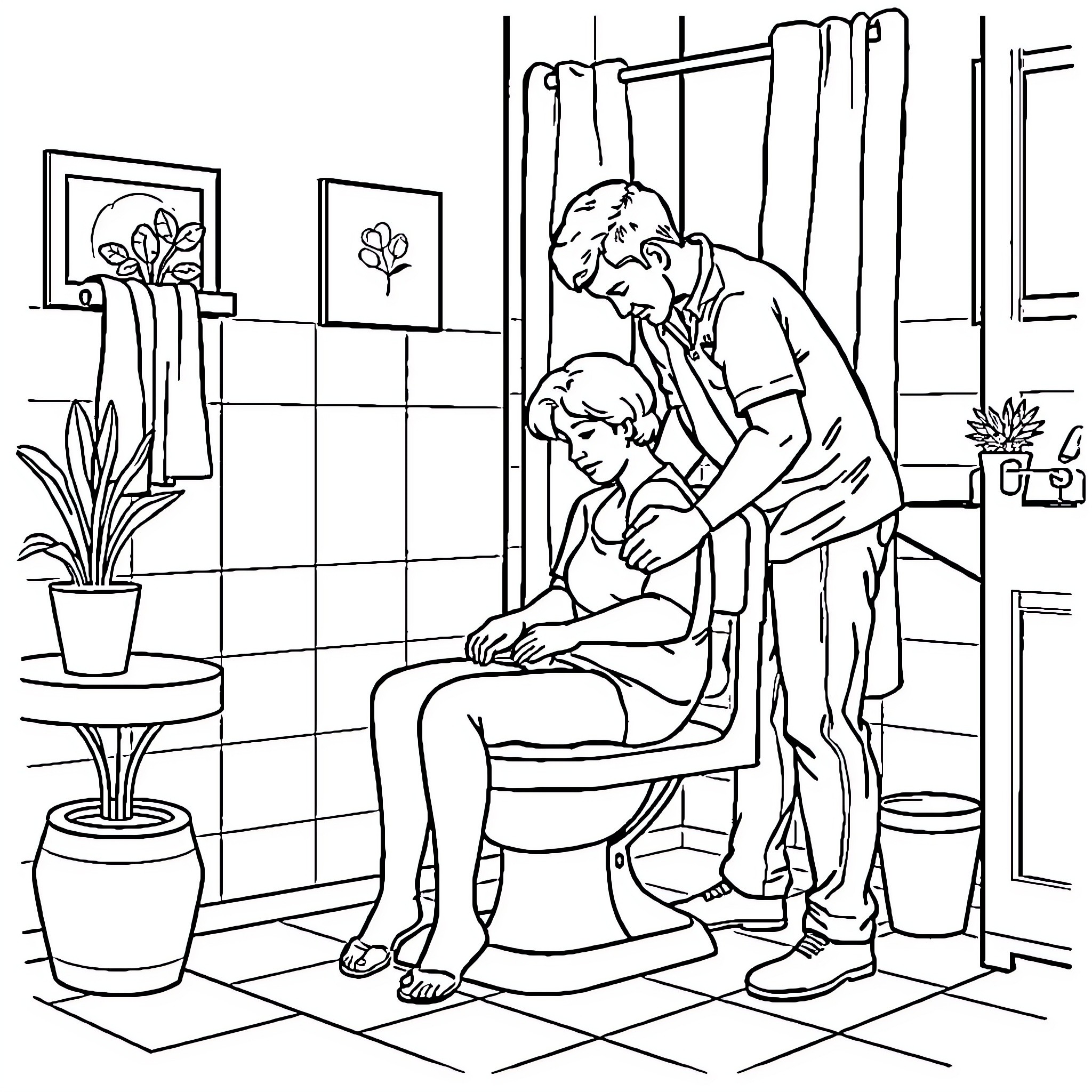 Husband comforting wife in bathroom Coloring Page (free black-and-white line drawing printable PDF for all, from beginners to advanced learners, including children, teens, adults, and seniors)