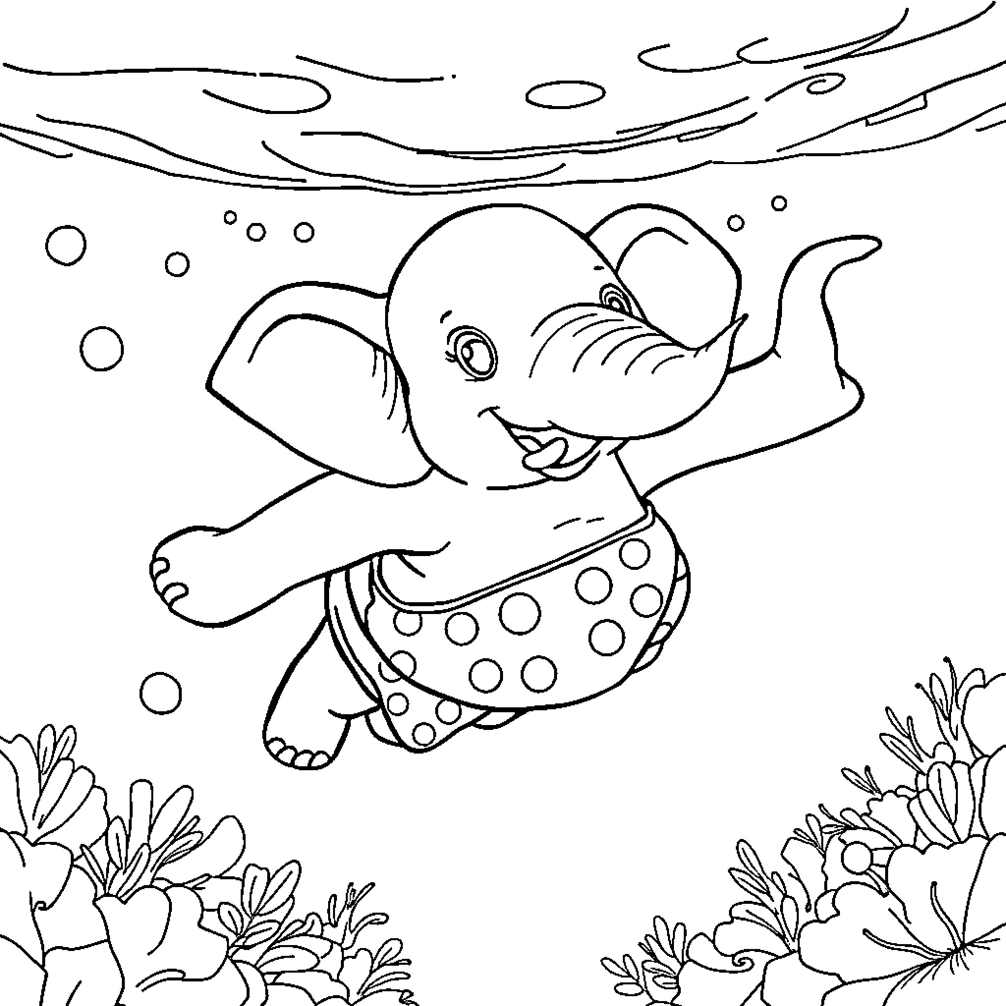 Elephant splashing playfully in the water Coloring Page (free black-and-white line drawing printable PDF for all, from beginners to advanced learners, including children, teens, adults, and seniors)
