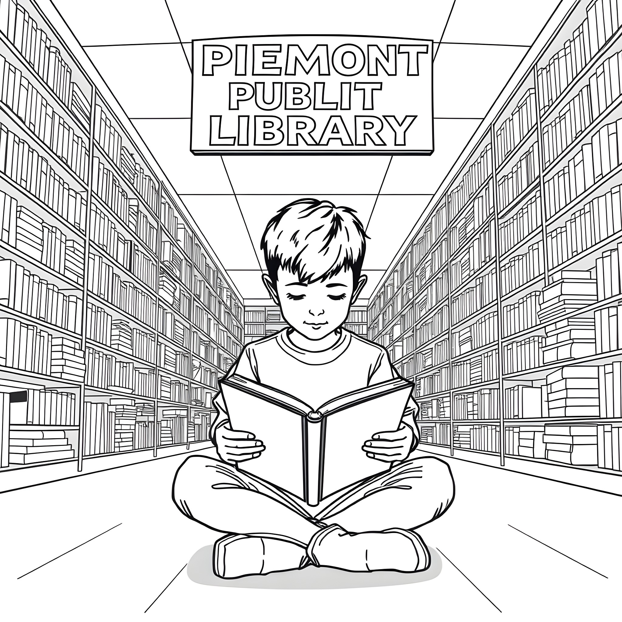 Boy reading book in the library Coloring Page (free black-and-white line drawing printable PDF for all, from beginners to advanced learners, including children, teens, adults, and seniors)