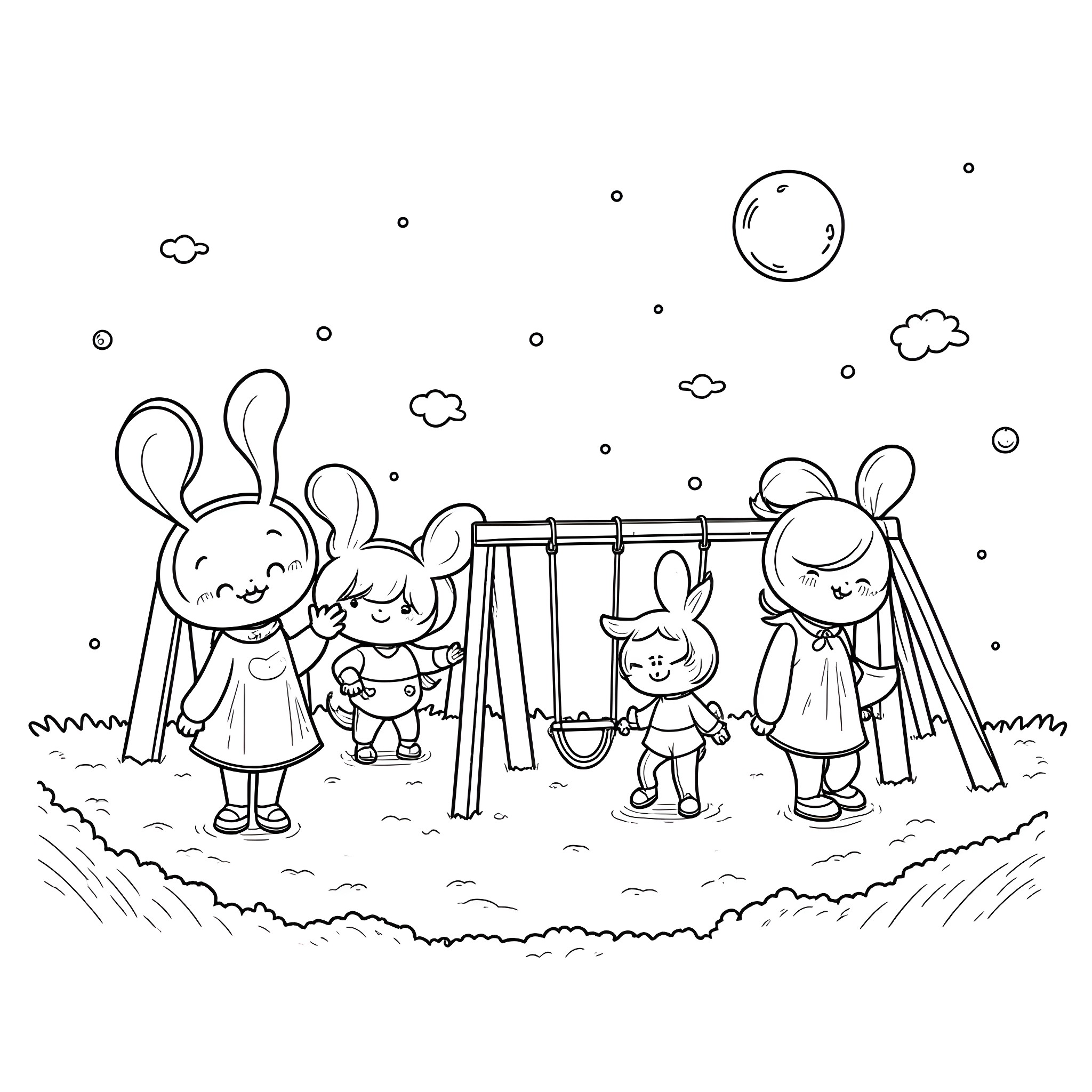 Sprunki bunnies playing at the playground Coloring Page (free black-and-white line drawing printable PDF for all, from beginners to advanced learners, including children, teens, adults, and seniors)