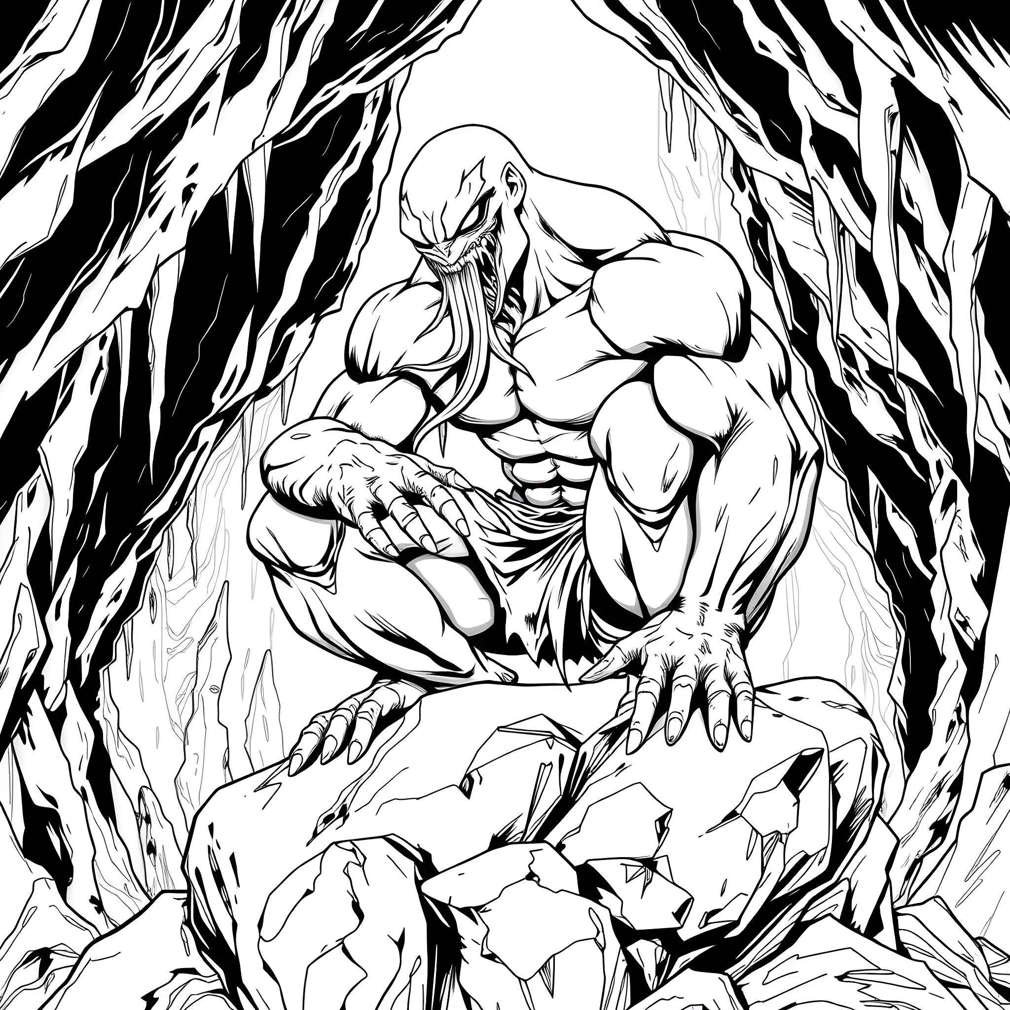 Venom Striking Menacingly in the Shadows Coloring Page (free black-and-white line drawing printable PDF for all, from beginners to advanced learners, including children, teens, adults, and seniors)