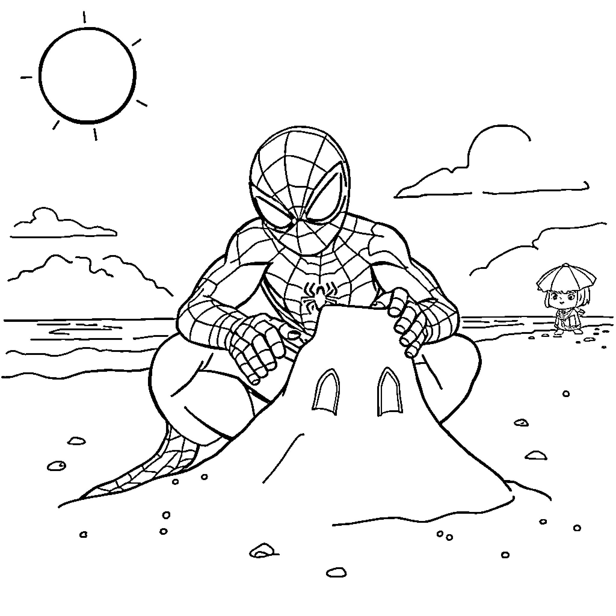Spiderman sitting on a beach watching the sunset Coloring Page (free black-and-white line drawing printable PDF for all, from beginners to advanced learners, including children, teens, adults, and seniors)