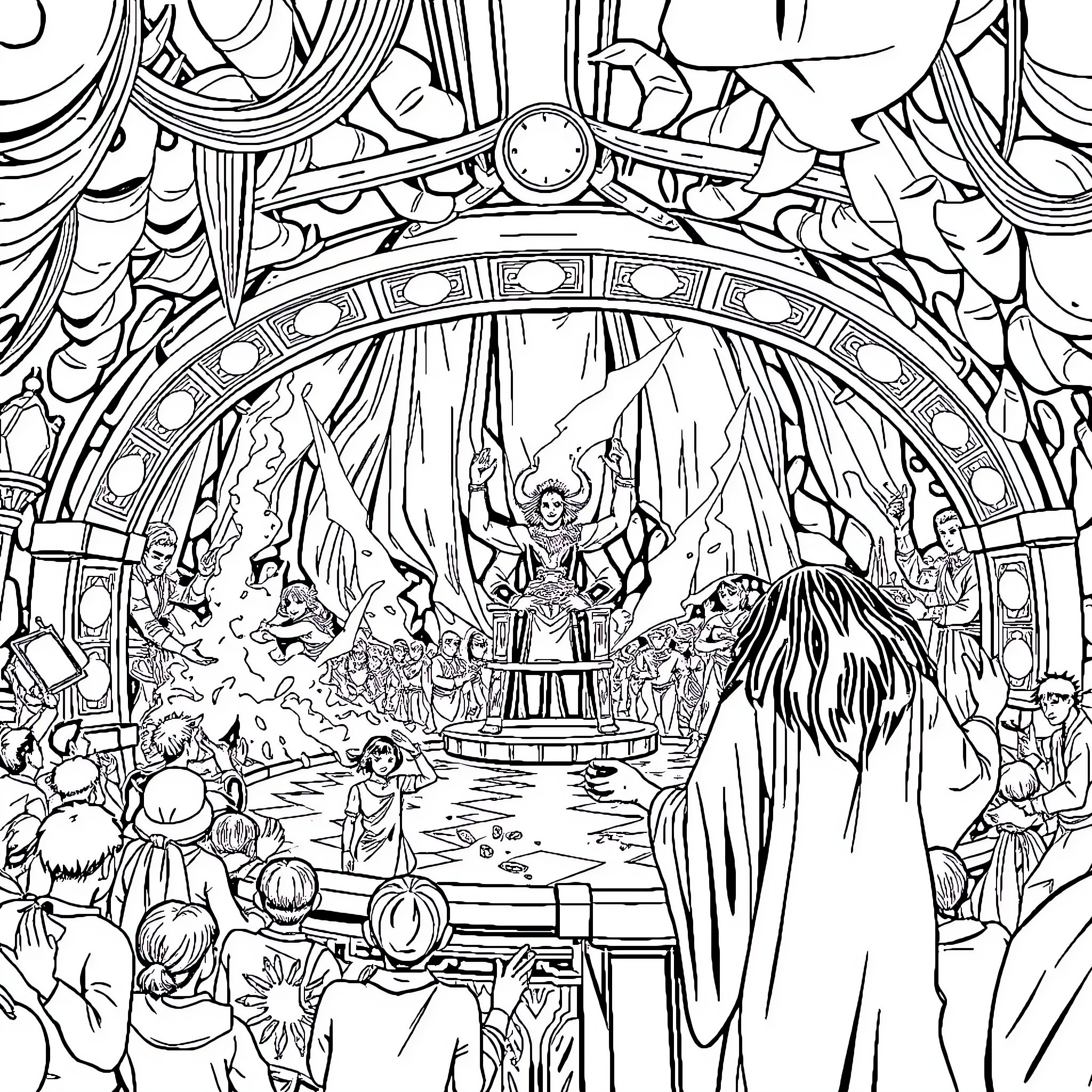 Squid Game: Dramatic Showdown at Eerie Arena Coloring Page (free black-and-white line drawing printable PDF for all, from beginners to advanced learners, including children, teens, adults, and seniors)