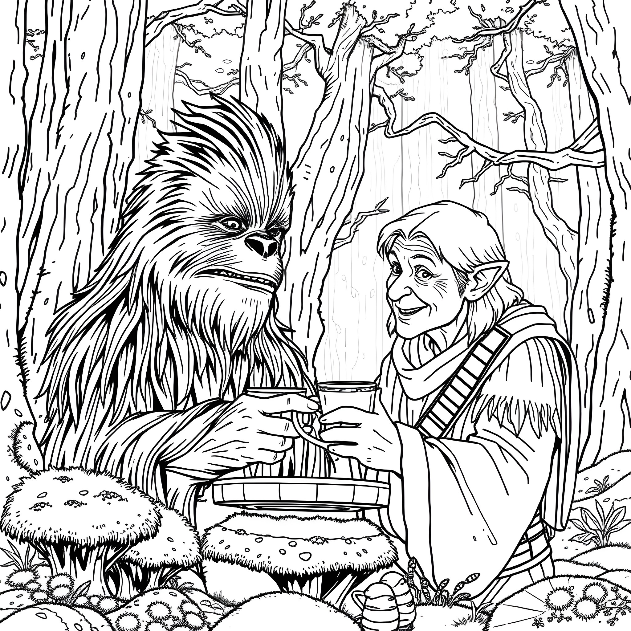 Gollum and a Friendly Creature in the Enchanted Forest Coloring Page (free black-and-white line drawing printable PDF for all, from beginners to advanced learners, including children, teens, adults, and seniors)