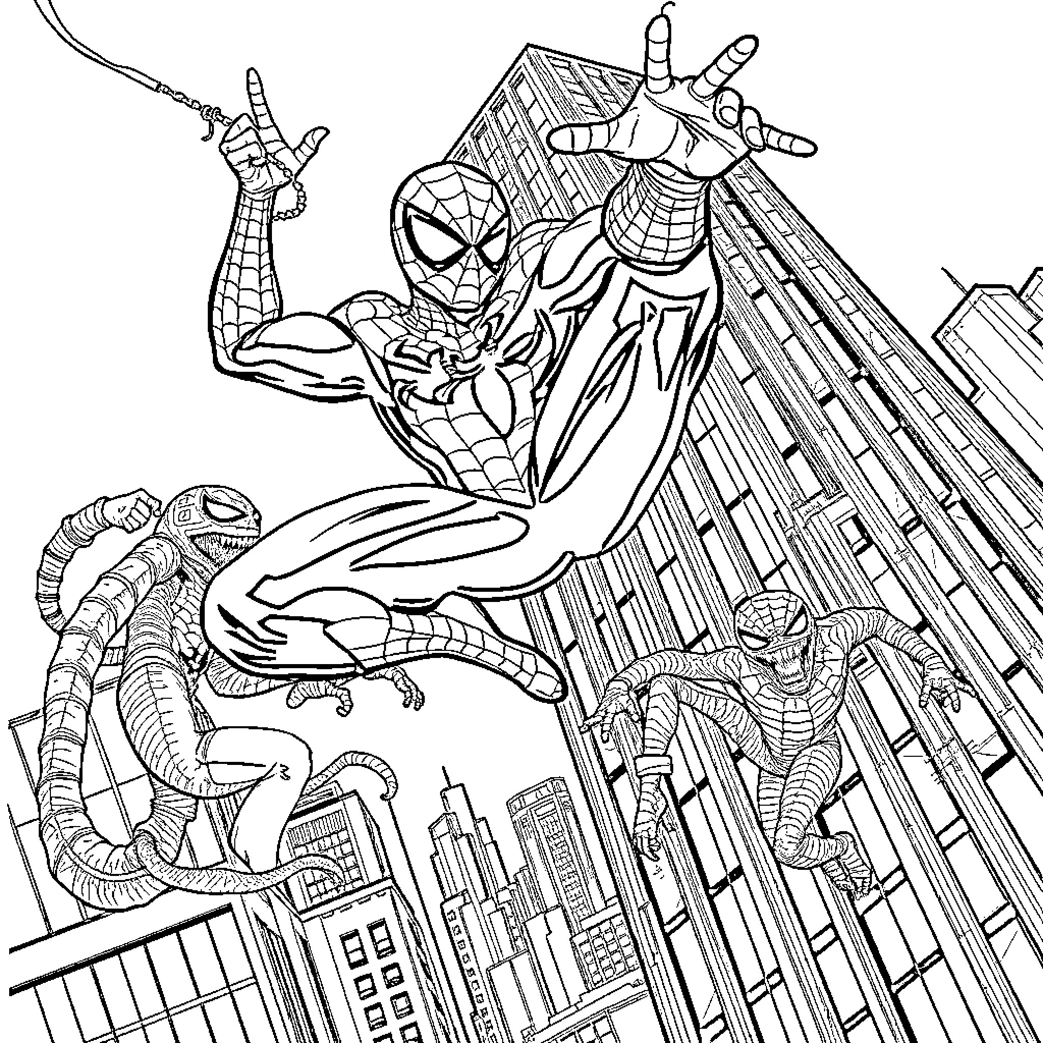 Spiderman heroically swinging through the city Coloring Page (free black-and-white line drawing printable PDF for all, from beginners to advanced learners, including children, teens, adults, and seniors)