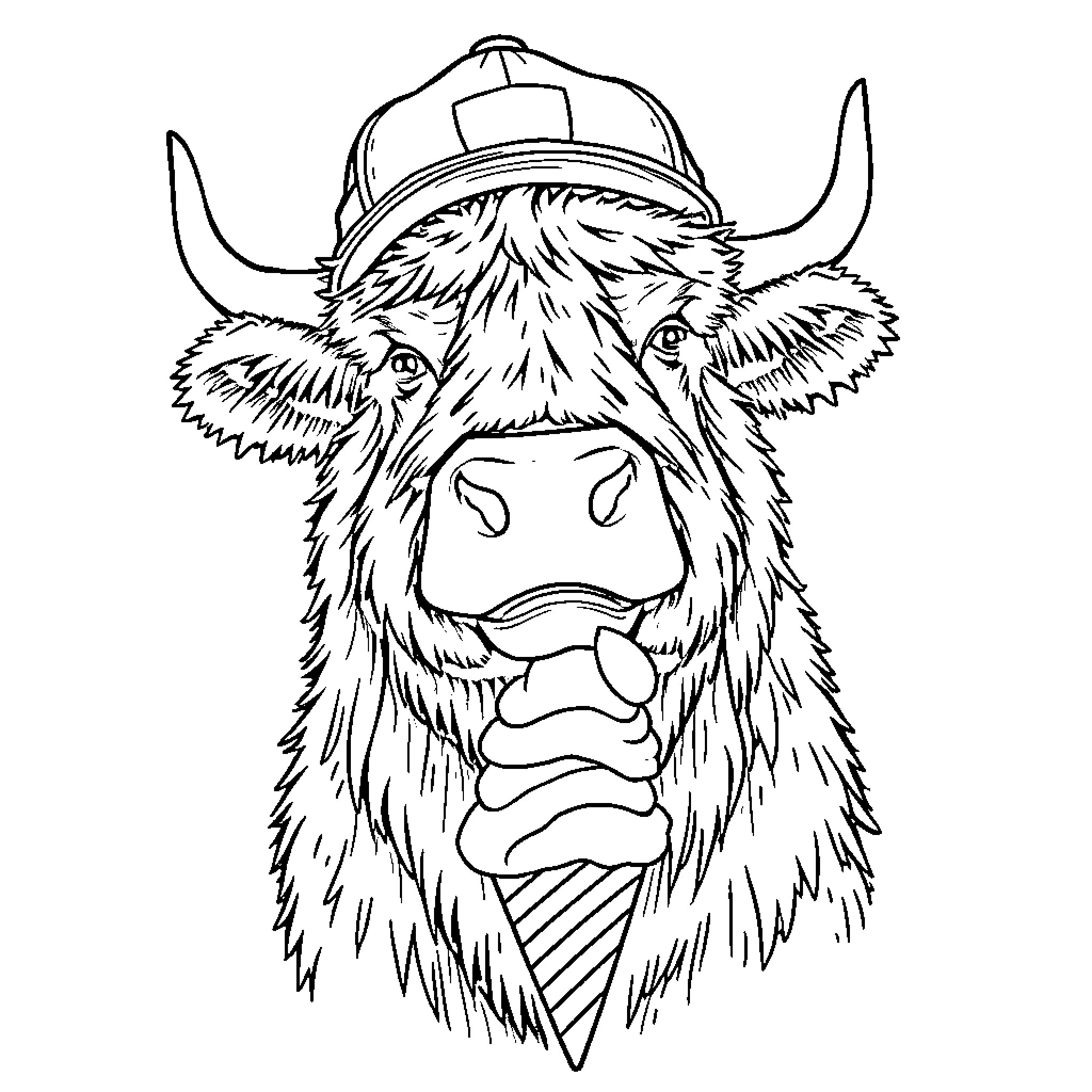 Highland Cow wearing a baseball cap Coloring Page (free black-and-white line drawing printable PDF for all, from beginners to advanced learners, including children, teens, adults, and seniors)