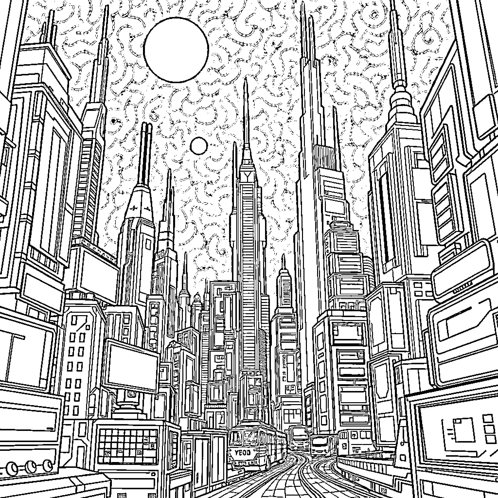 Huntrix: Futuristic Cityscape Exploration Coloring Page (free black-and-white line drawing printable PDF for all, from beginners to advanced learners, including children, teens, adults, and seniors)