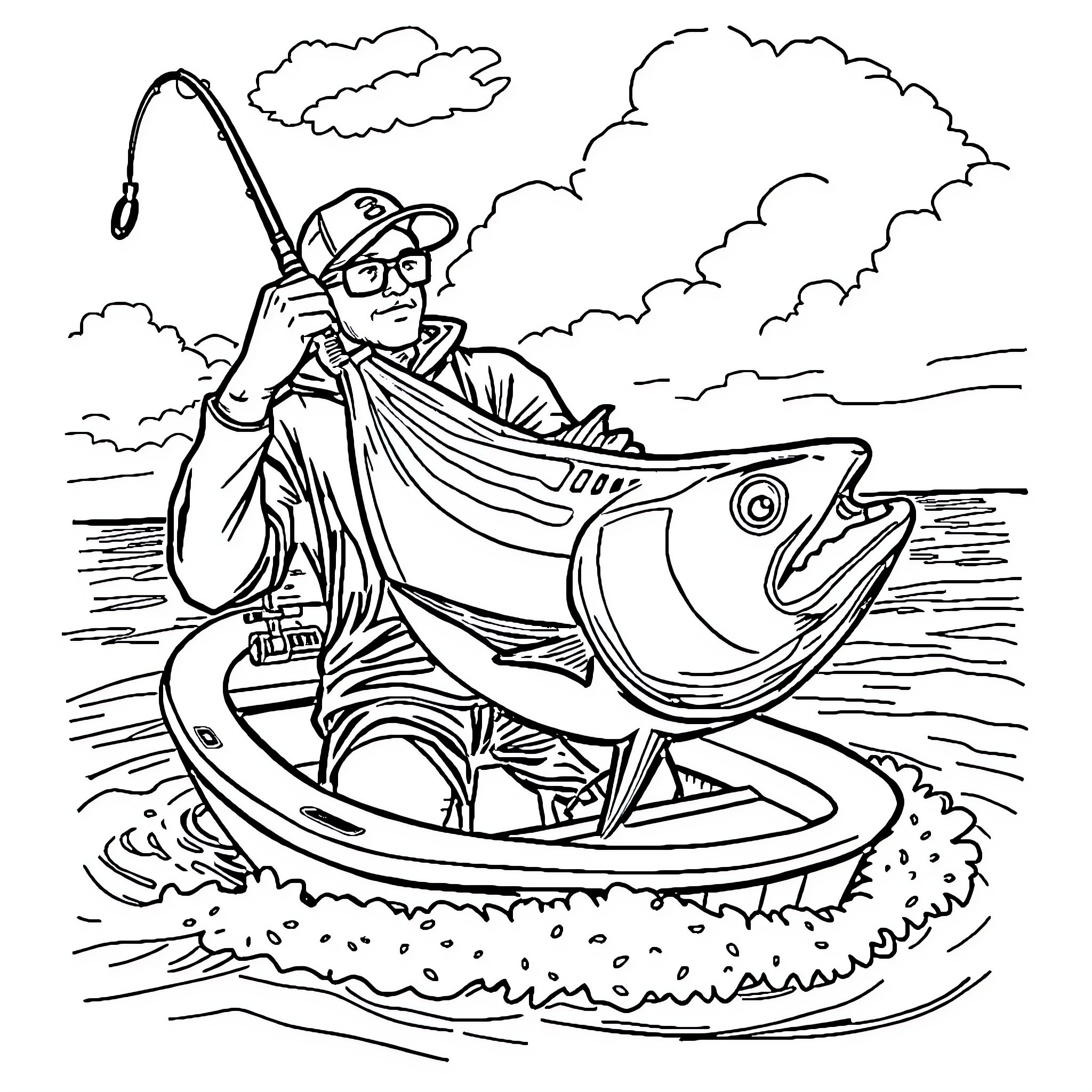 Guy fishing a large fish on a boat Coloring Page (free black-and-white line drawing printable PDF for all, from beginners to advanced learners, including children, teens, adults, and seniors)