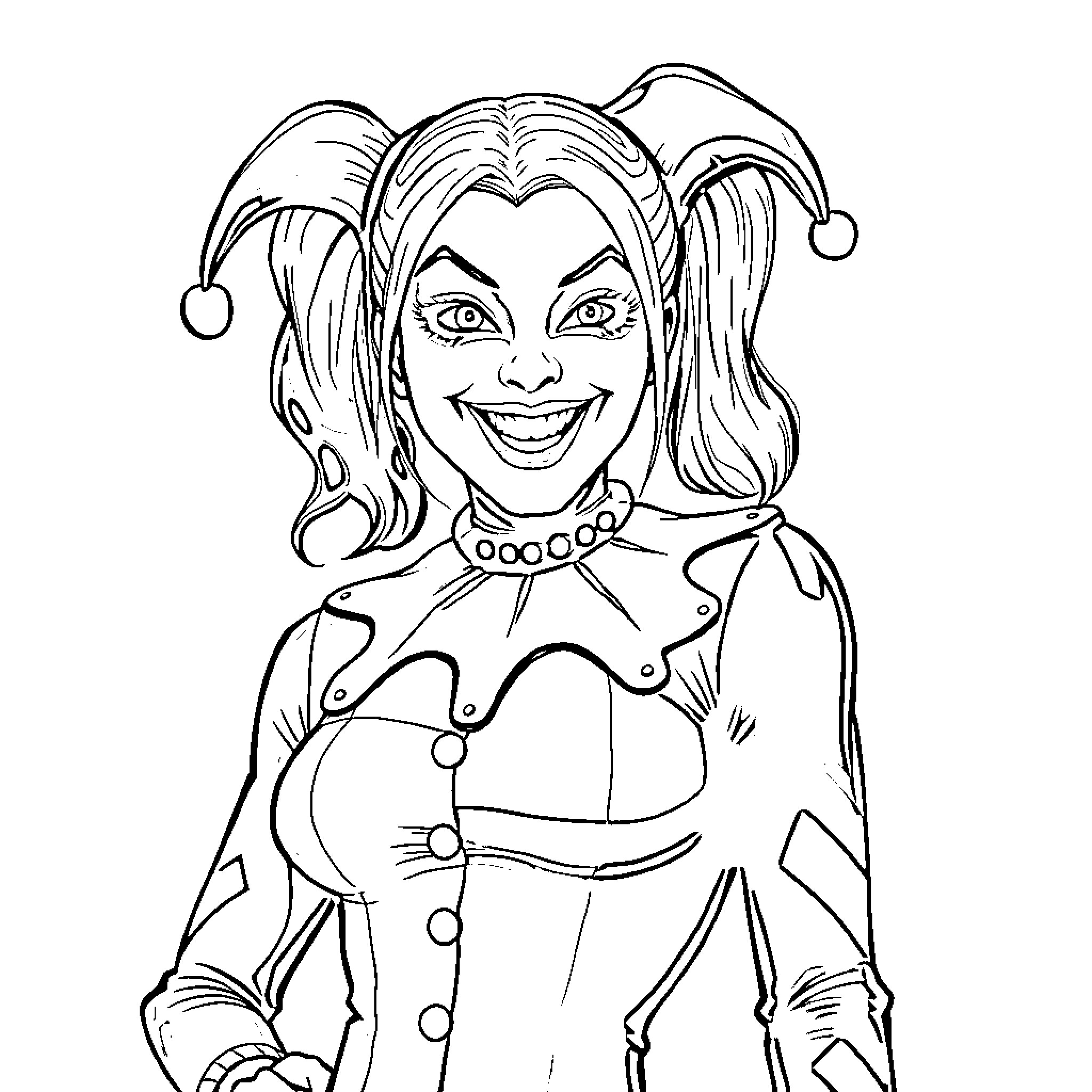 Harley Quinn in her iconic jester outfit Coloring Page (free black-and-white line drawing printable PDF for all, from beginners to advanced learners, including children, teens, adults, and seniors)