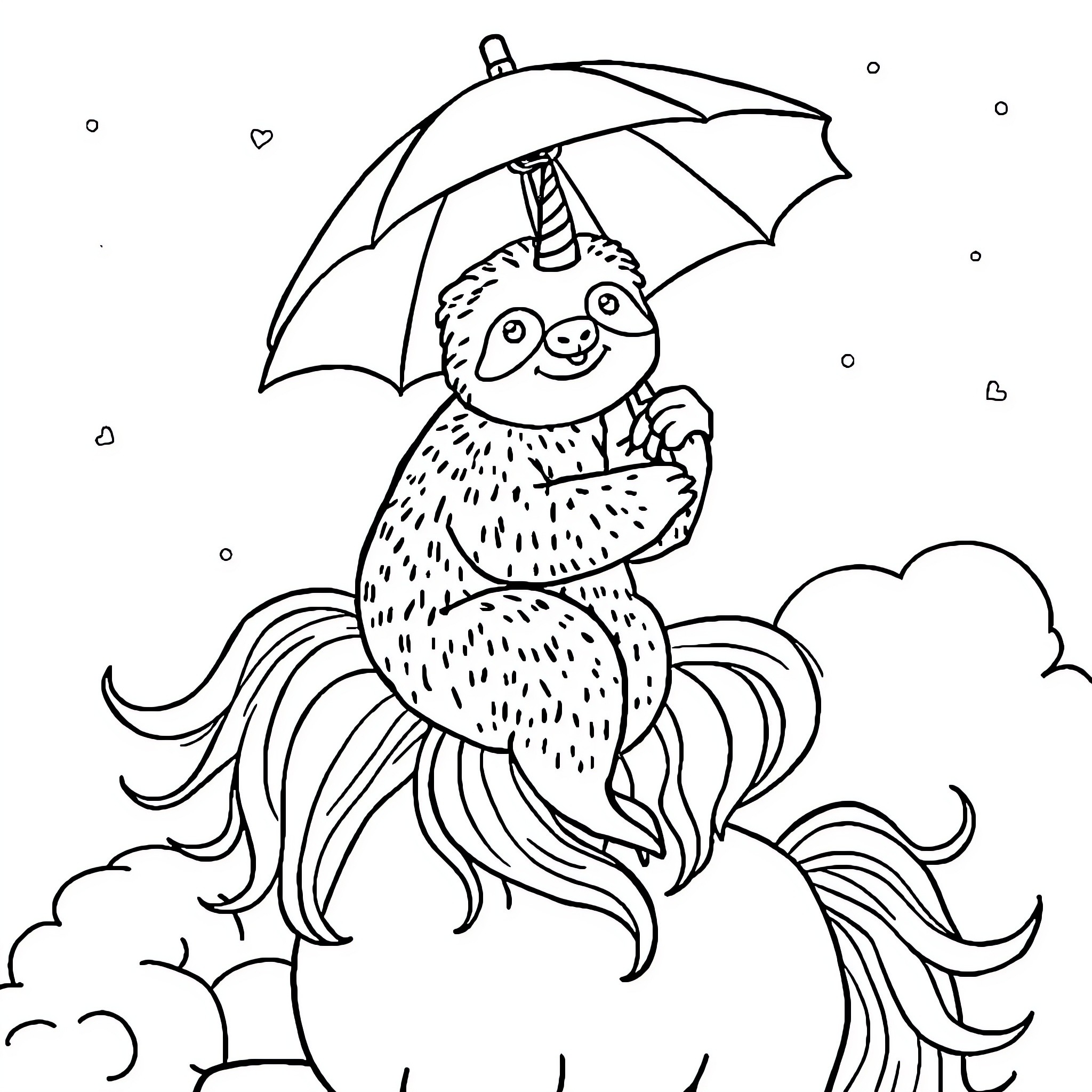 Sloth enjoying a rainy day with umbrella Coloring Page (free black-and-white line drawing printable PDF for all, from beginners to advanced learners, including children, teens, adults, and seniors)