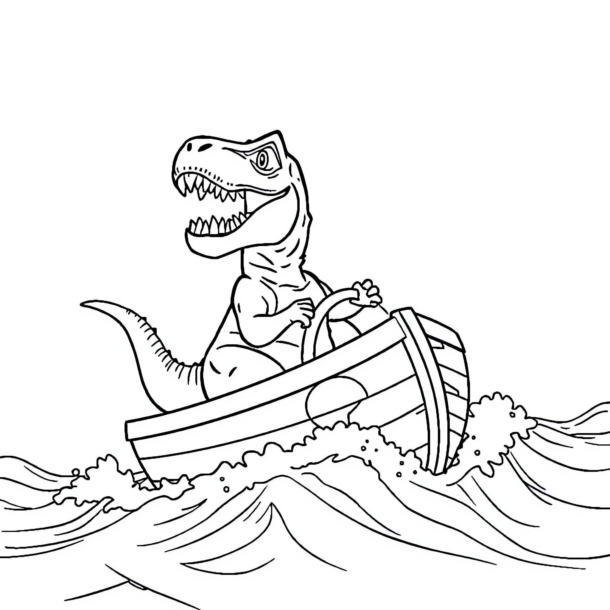T-Rex riding a boat through rough waves Coloring Page (free black-and-white line drawing printable PDF for all, from beginners to advanced learners, including children, teens, adults, and seniors)