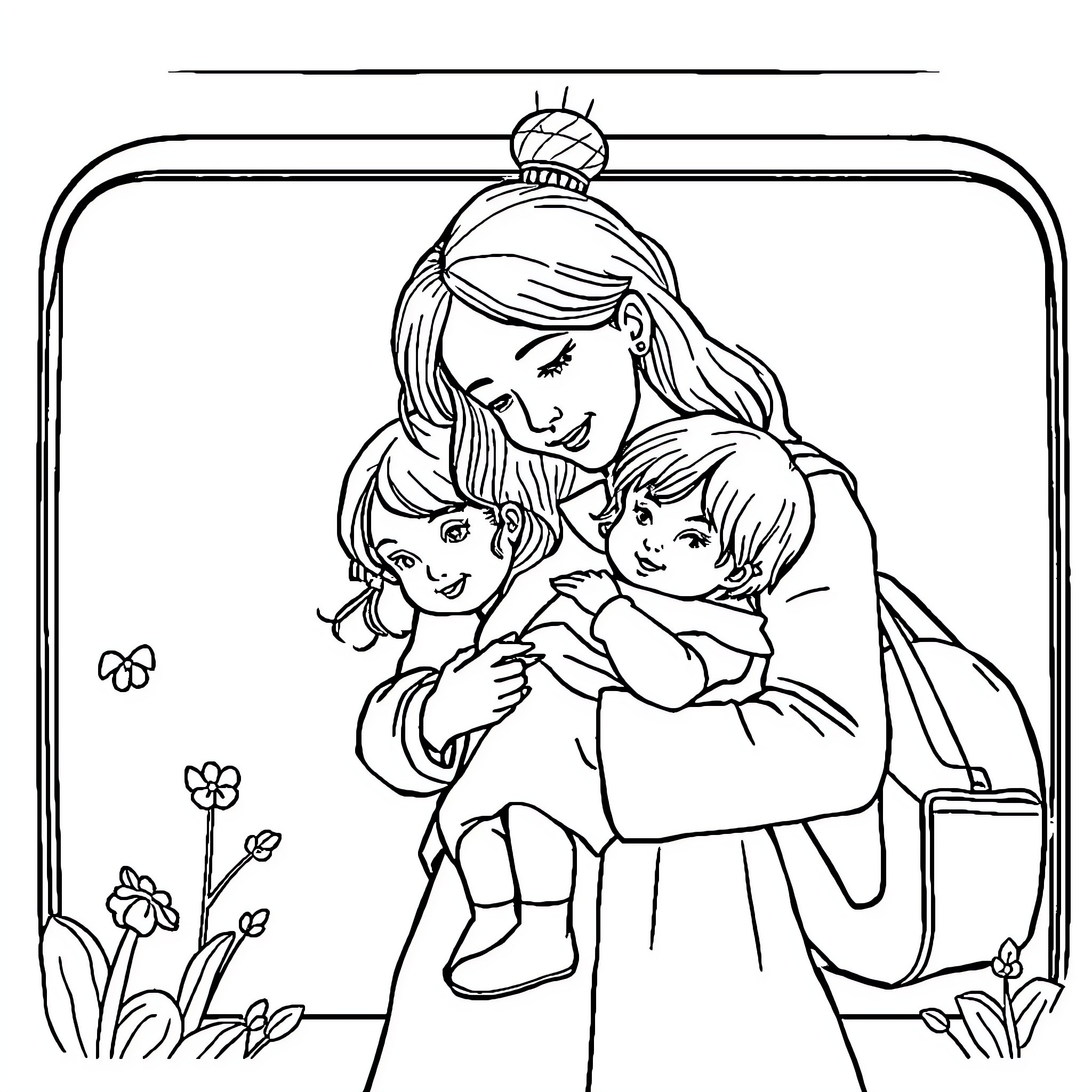 Mother embracing her children with affection Coloring Page (free black-and-white line drawing printable PDF for all, from beginners to advanced learners, including children, teens, adults, and seniors)