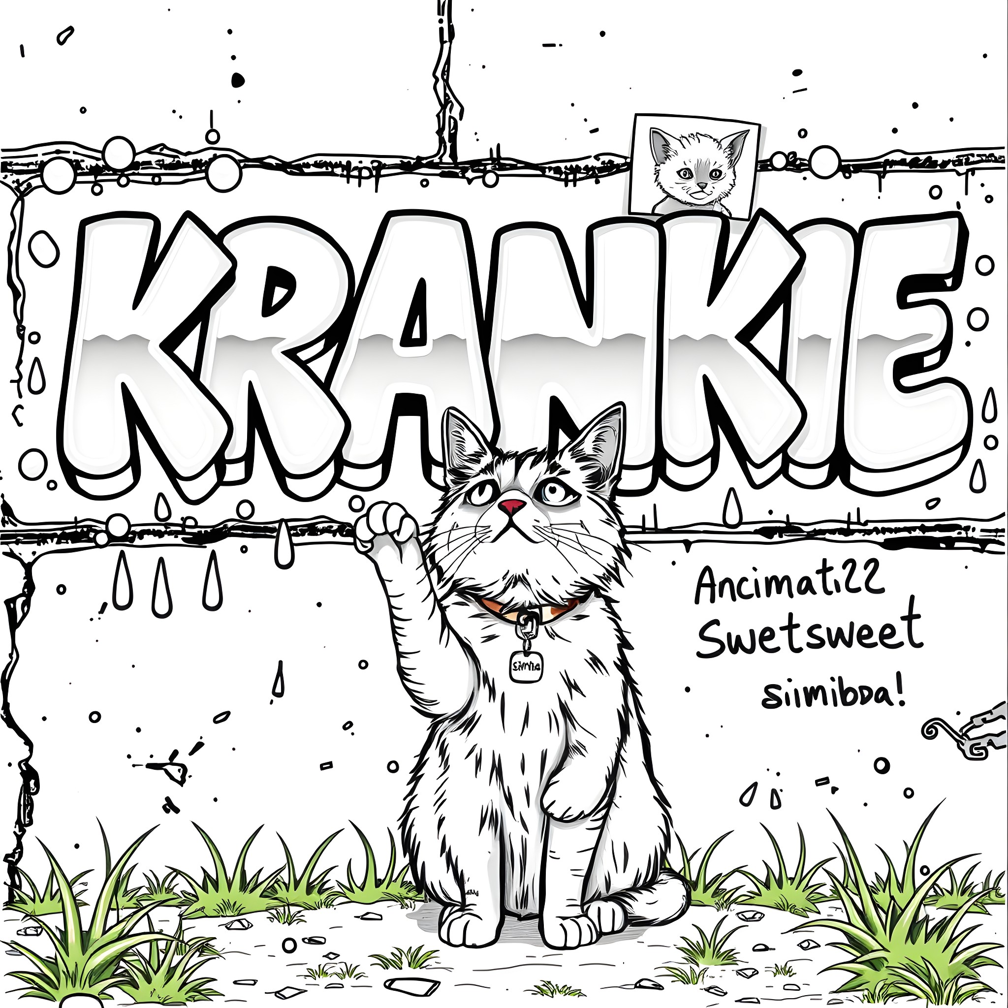 Cat sitting in front of graffiti wall Coloring Page (free black-and-white line drawing printable PDF for all, from beginners to advanced learners, including children, teens, adults, and seniors)