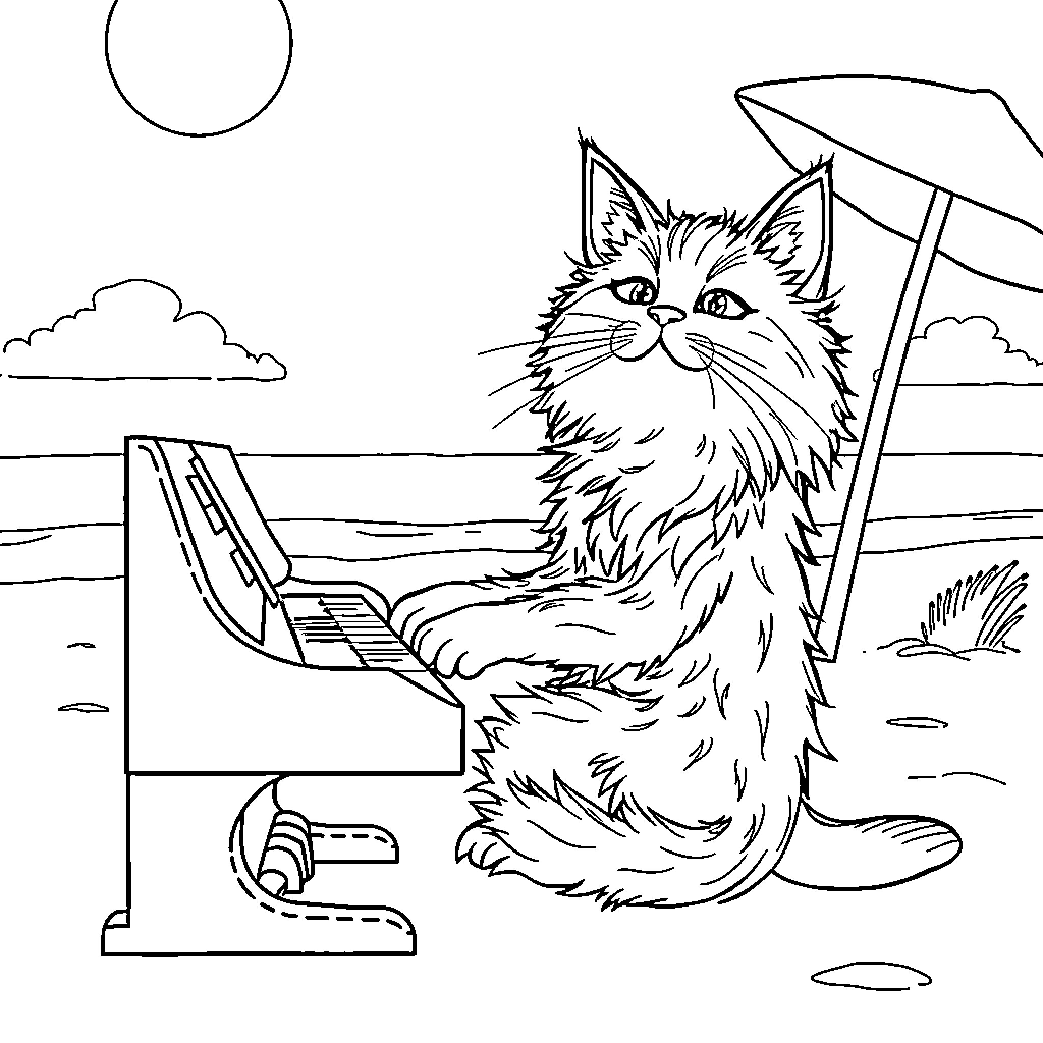 Cat playing the piano on the beach Coloring Page (free black-and-white line drawing printable PDF for all, from beginners to advanced learners, including children, teens, adults, and seniors)