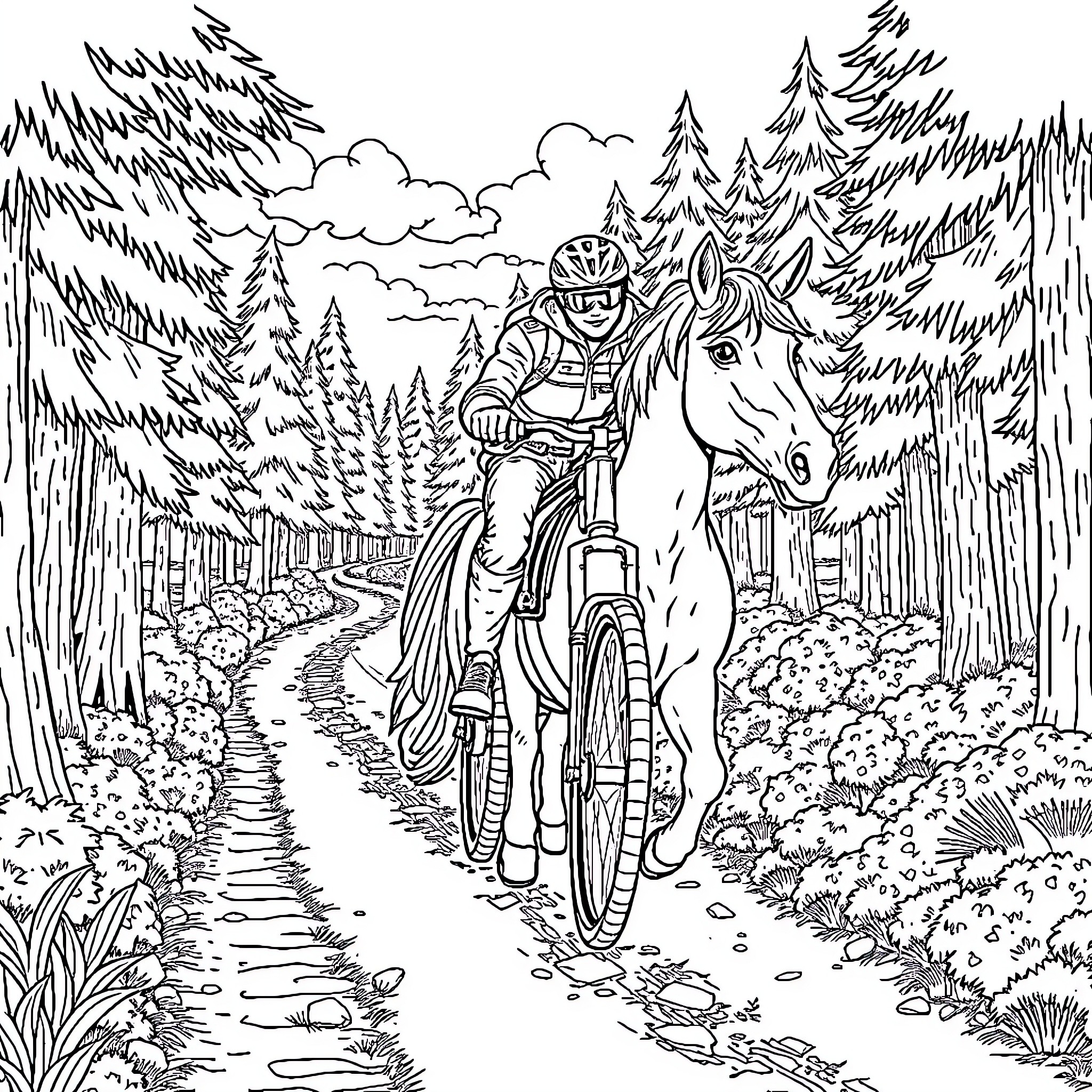 Biker rides through winding forest path with horse Coloring Page (free black-and-white line drawing printable PDF for all, from beginners to advanced learners, including children, teens, adults, and seniors)