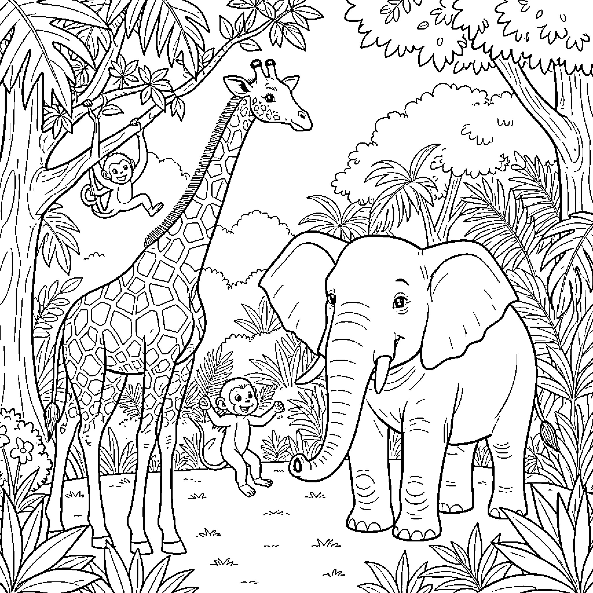 Giraffe and Elephant in Lush Jungle Landscape Coloring Page (free black-and-white line drawing printable PDF for all, from beginners to advanced learners, including children, teens, adults, and seniors)