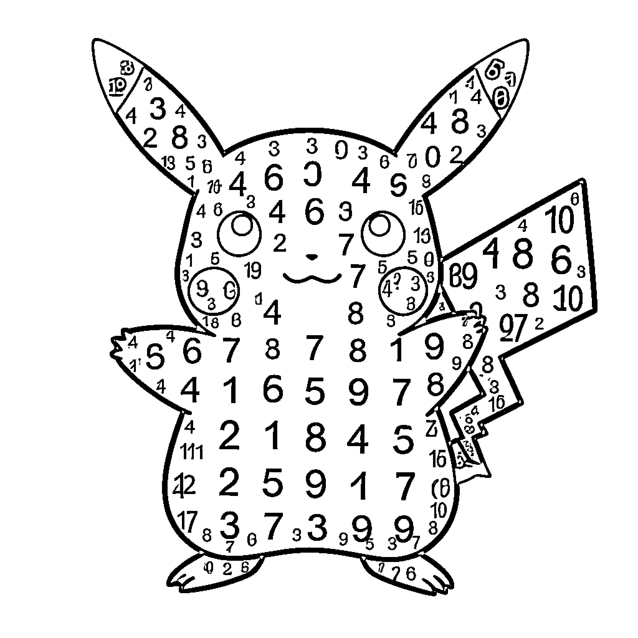 Pikachu standing and posing with numbers for activities Coloring Page (free black-and-white line drawing printable PDF for all, from beginners to advanced learners, including children, teens, adults, and seniors)