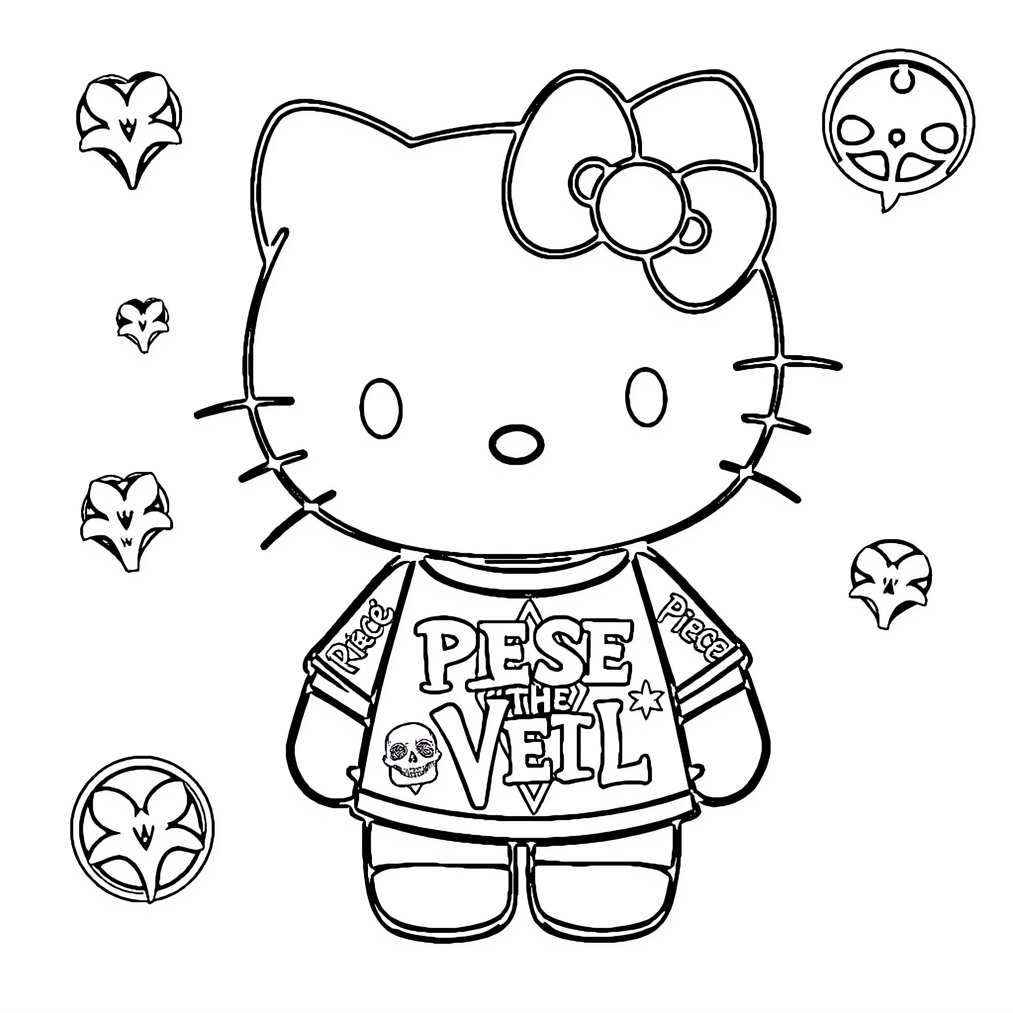 Hello Kitty Wearing Punk Rock Outfit Coloring Page (free black-and-white line drawing printable PDF for all, from beginners to advanced learners, including children, teens, adults, and seniors)