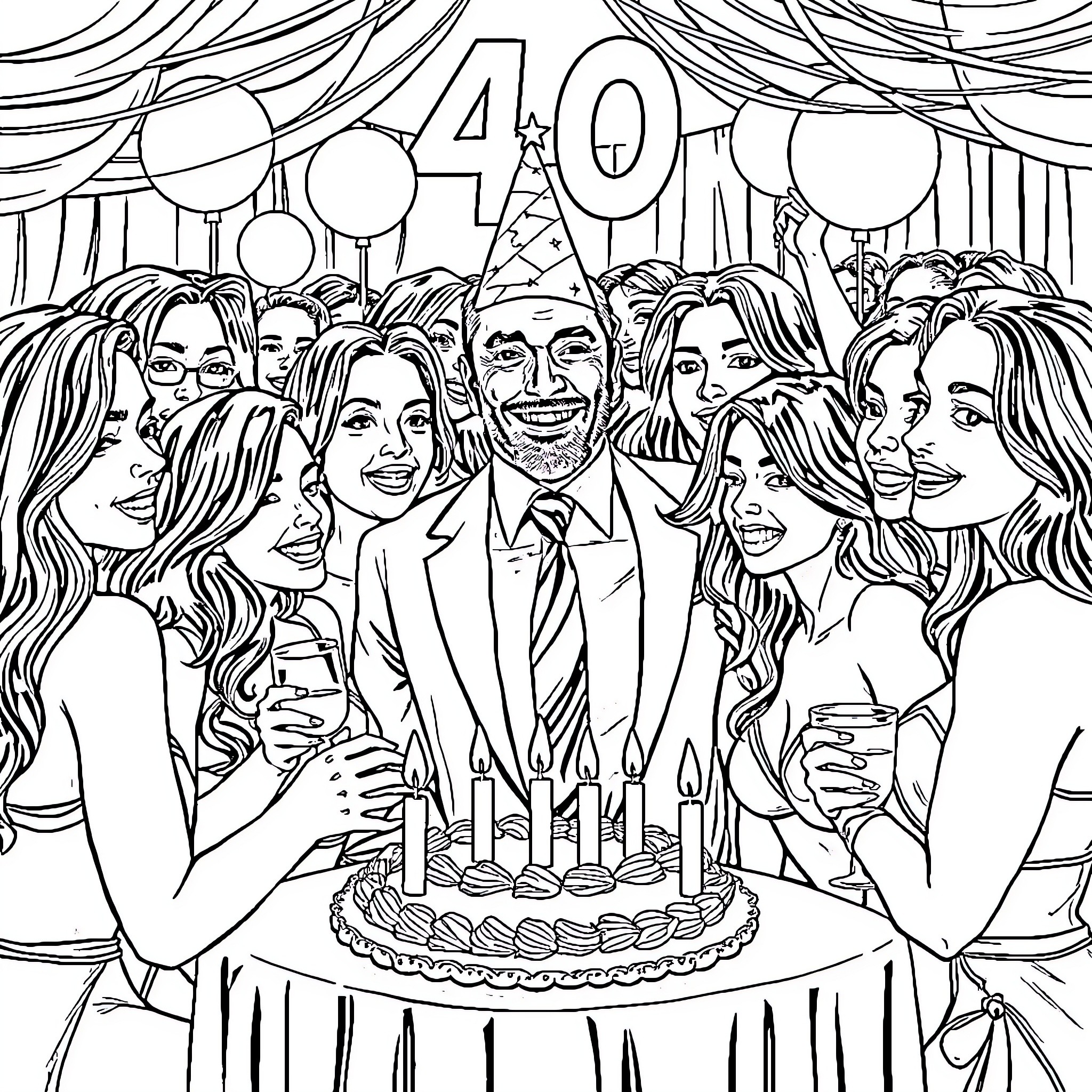 Man celebrating 40th birthday with family and friends Coloring Page (free black-and-white line drawing printable PDF for all, from beginners to advanced learners, including children, teens, adults, and seniors)