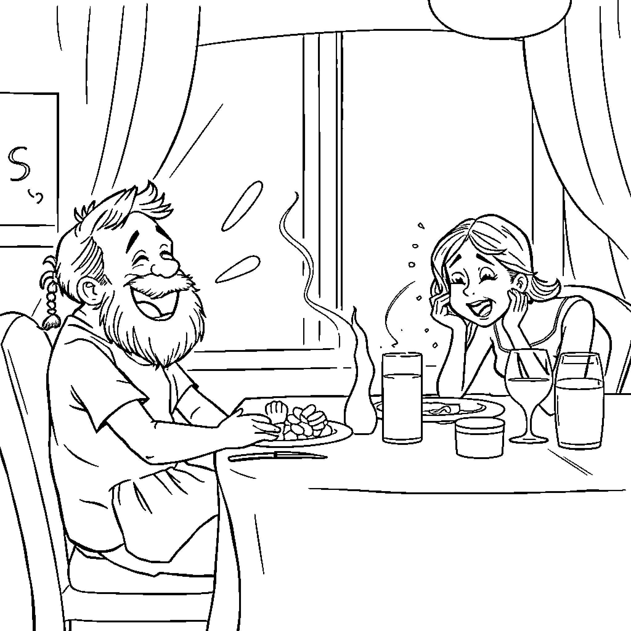 Girl enjoys dinner with bearded man at restaurant Coloring Page (free black-and-white line drawing printable PDF for all, from beginners to advanced learners, including children, teens, adults, and seniors)