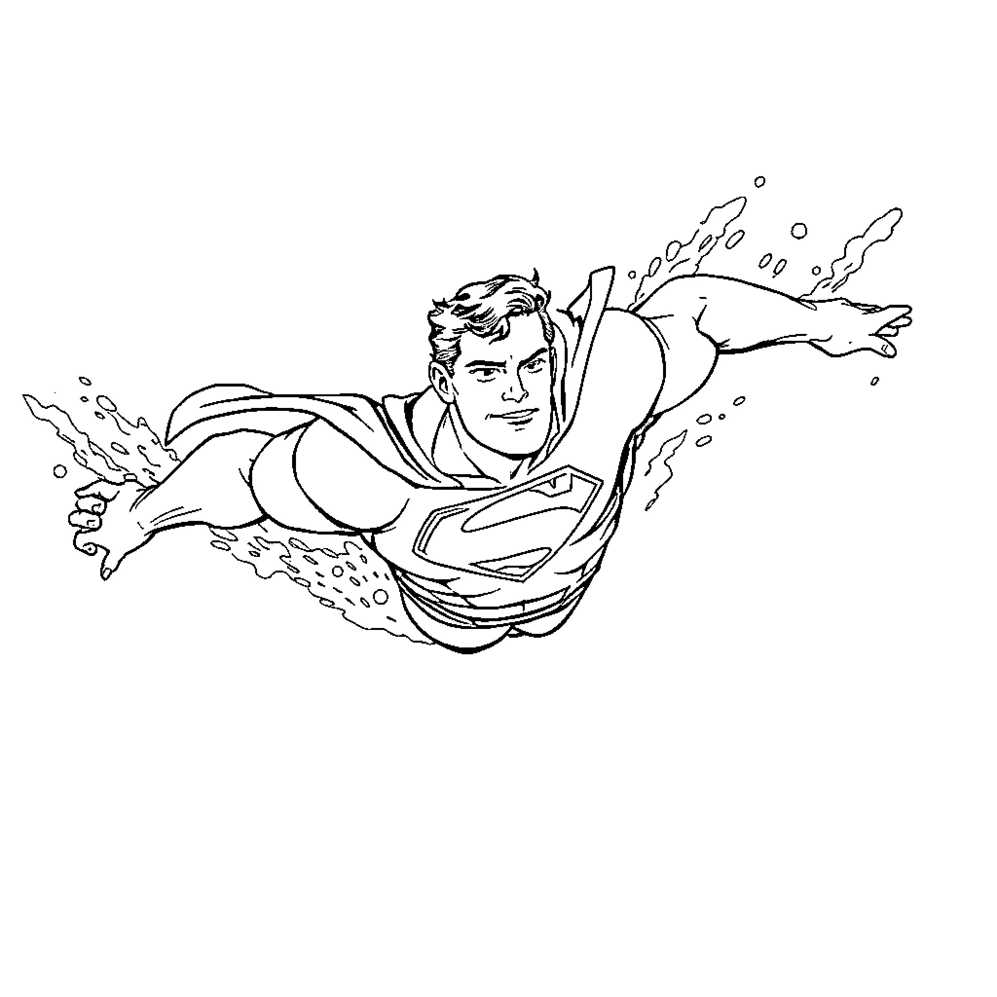 Superman soaring through the air in action Coloring Page (free black-and-white line drawing printable PDF for all, from beginners to advanced learners, including children, teens, adults, and seniors)