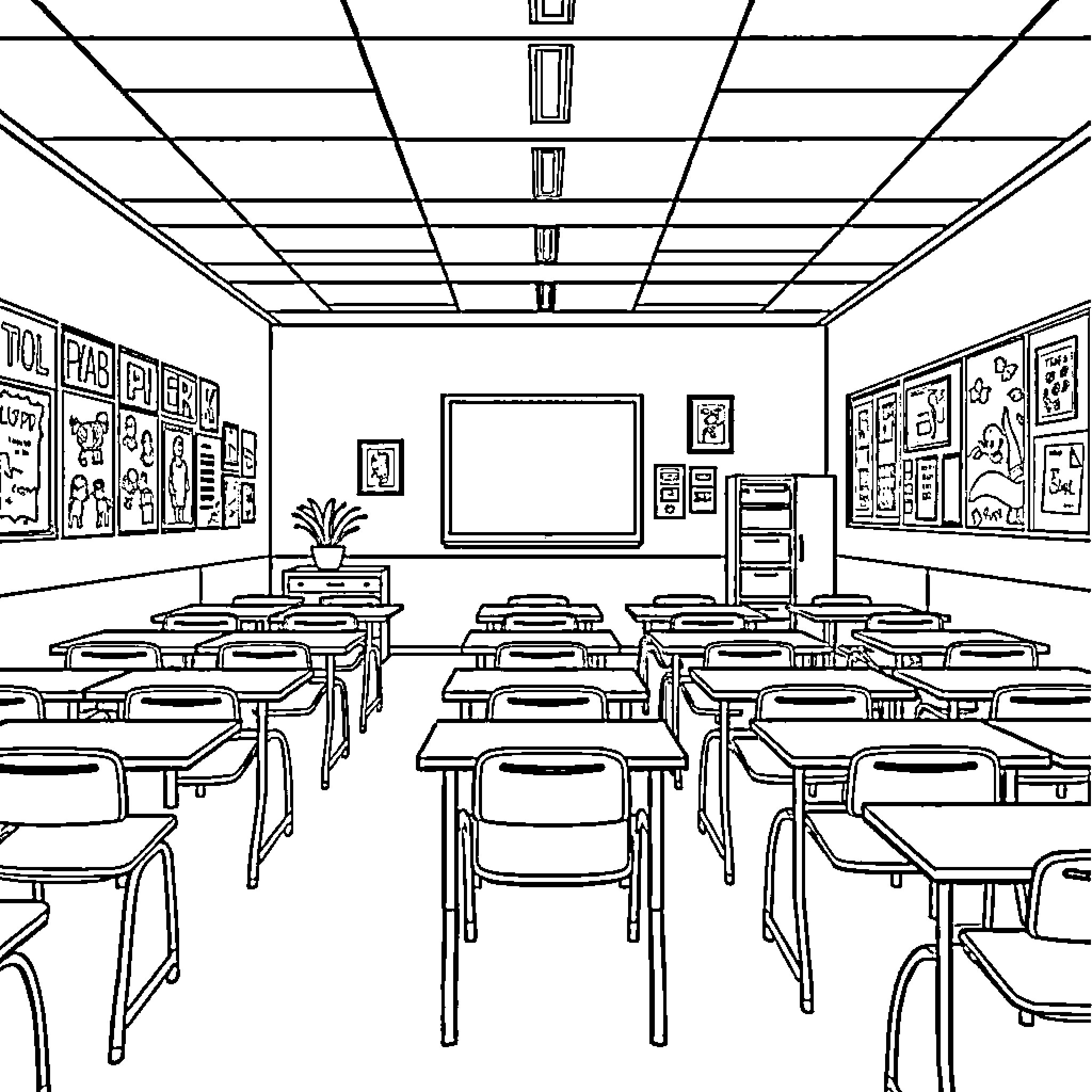 Classroom with empty desks and decorated walls Coloring Page (free black-and-white line drawing printable PDF for all, from beginners to advanced learners, including children, teens, adults, and seniors)